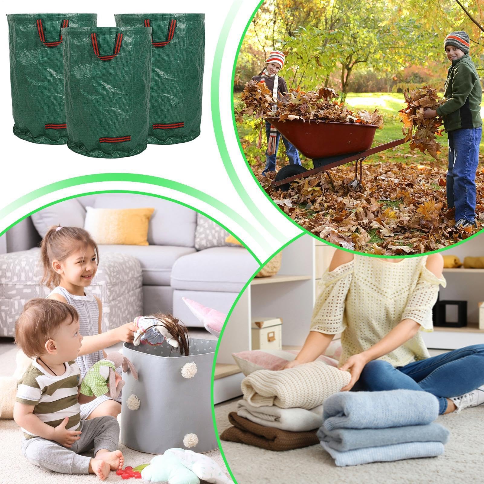 Bolsa para Residuos de Jardín 3 unidades recogedor de residuos | Bolsas para hojas con asas reforzadas para camping, jardinería, limpieza en casa y exteriores
