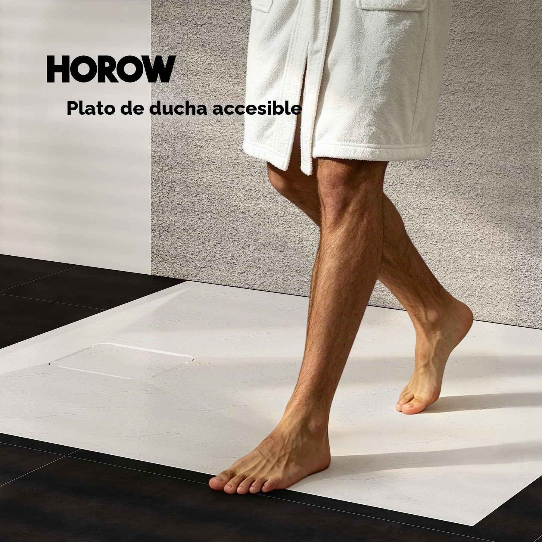 HOROW Plato de Ducha 80 x 90 cm Extraplano, Antideslizante, Acrílico Blanco con Textura de Piedra - Ducha Completa Incluye Desagüe y Tapa, 4 cm de Altura, Fabricación en Una Pieza Sin Fugas