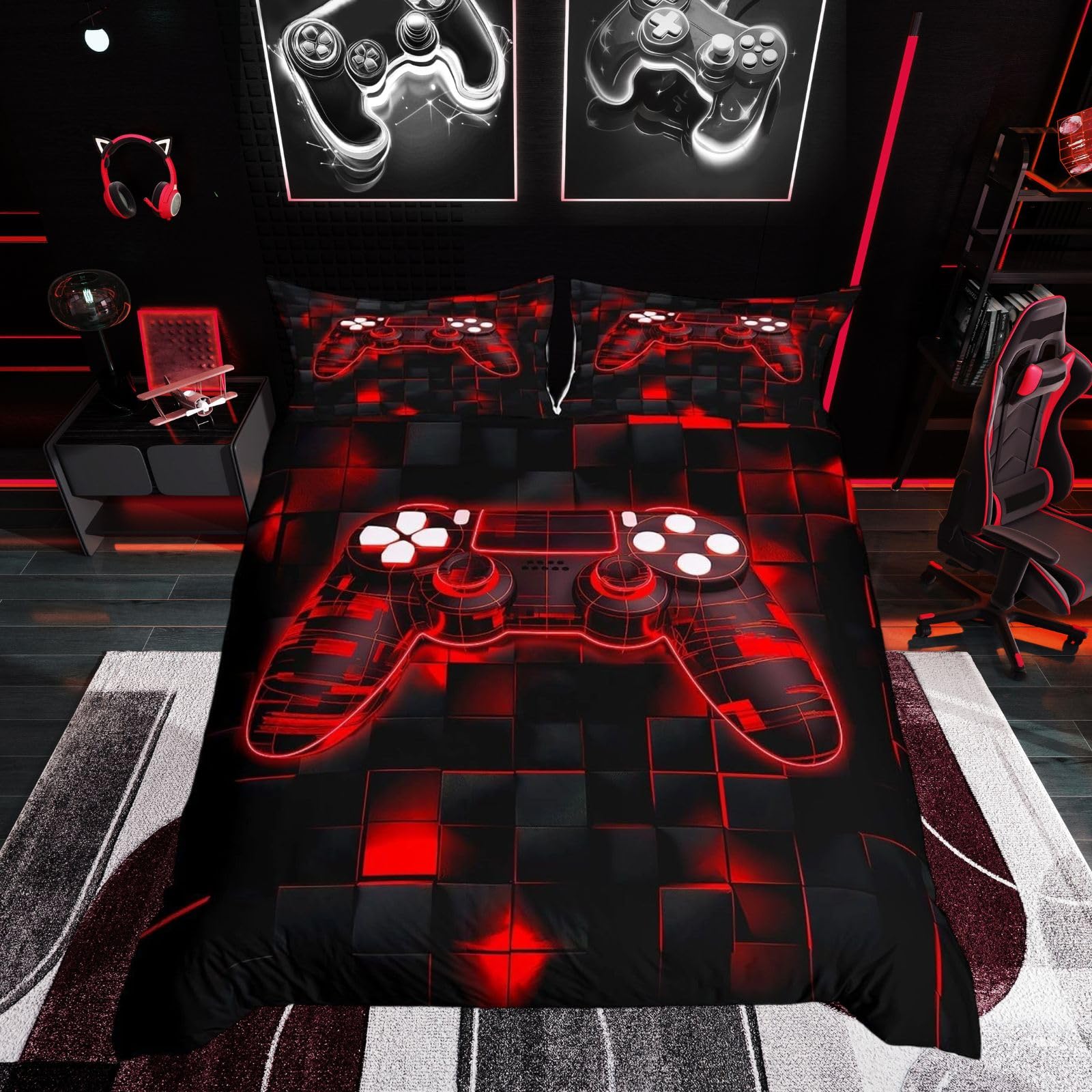 Housse de Couette 200x200 Anti-Plis Parure Lit Gamer Facile à Laver pour Ado