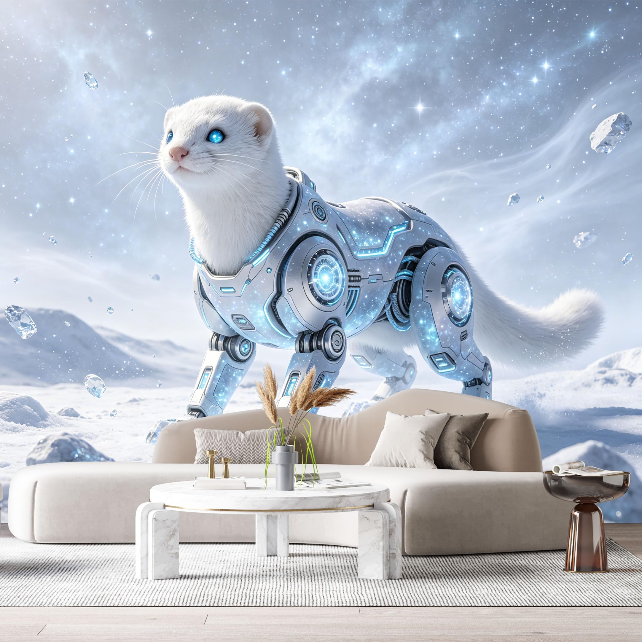Custom Size Wall Mural Cybernetic Arctic Ferret Mech Futuristic SciFi Robot Animal 3D Textured Style SelfAdhesive Art Prints Removable Large Wallpaper Esports Room Game Room Studio
