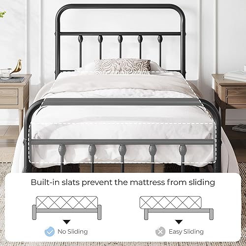 Miniatura 23 de YAHEETECH - Marco de cama de metal clásico con estructura de hierro y estilo victoriano, cabecero y pie, espacio debajo de la cama, no necesita base