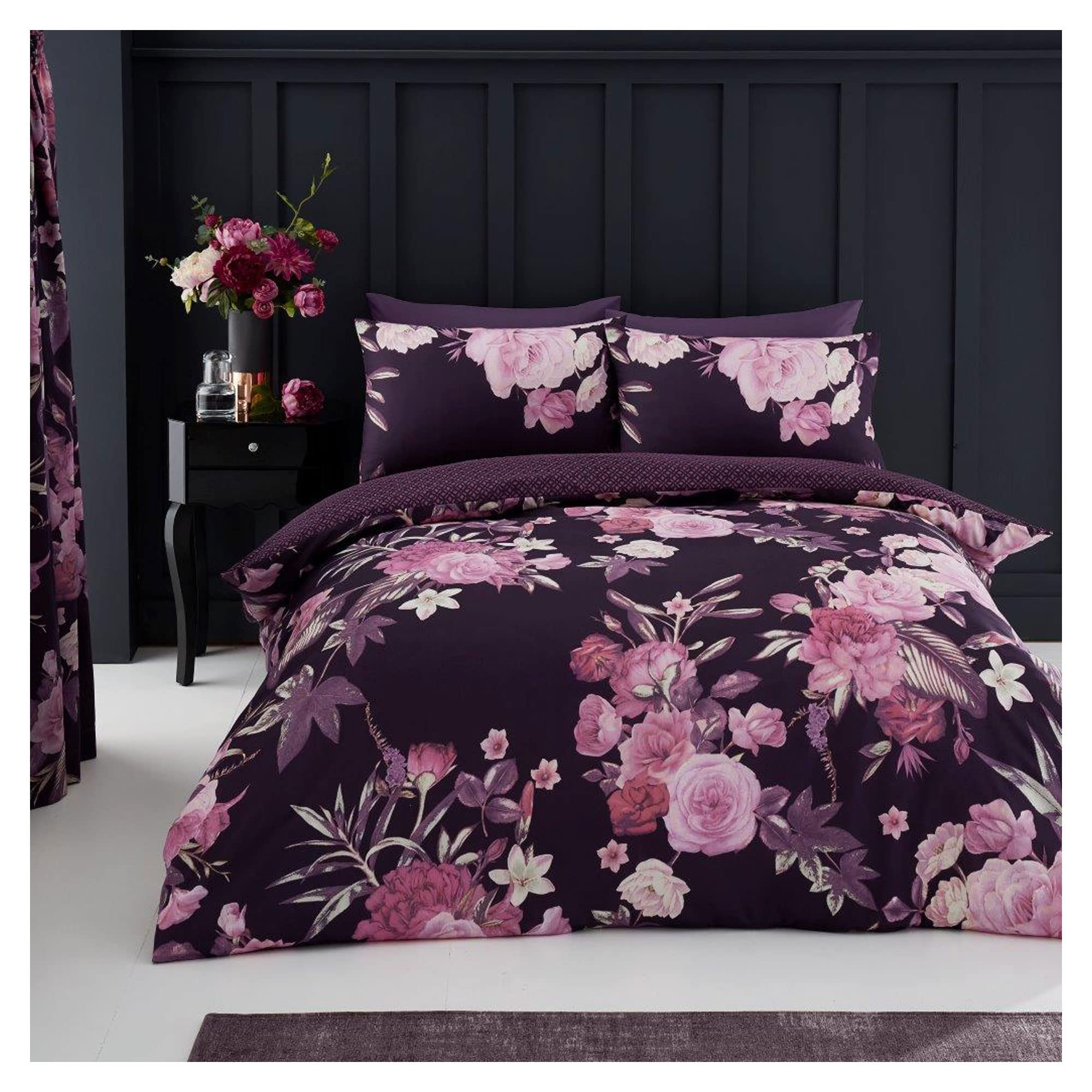 Lions Purple Rose Bedding Set - 3 Piece Double Duvet Cover With Matching Pillowcase, Soft Printed Reversible Poly Cotton Floral Quilt Covers, Double Bed, 200X200cm