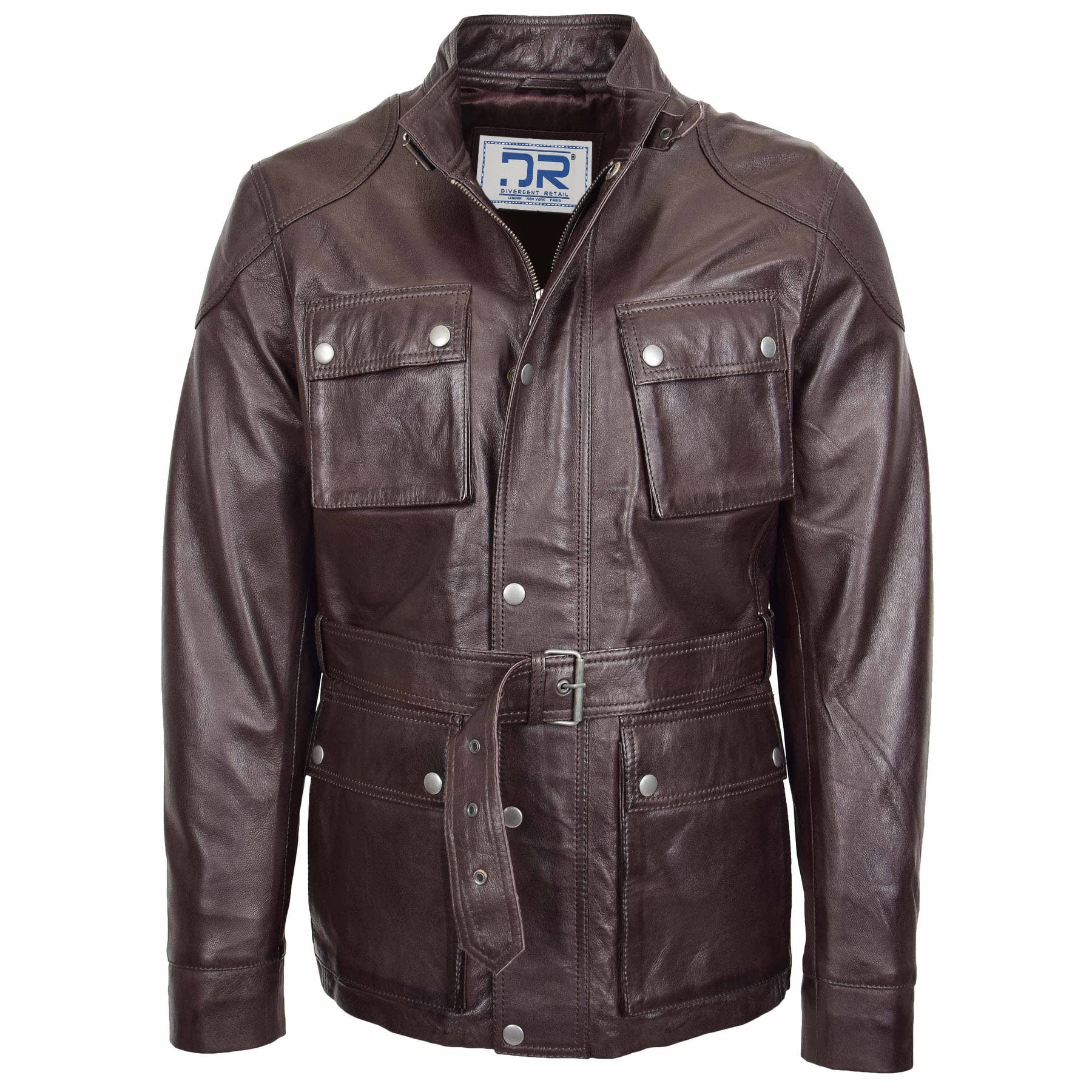 Divergent Retail Men's Brown Dr190 ’S Leather Trendy Safari Jacket With Waist Belt (As8, Alpha, X_l, Regular, Regular)
