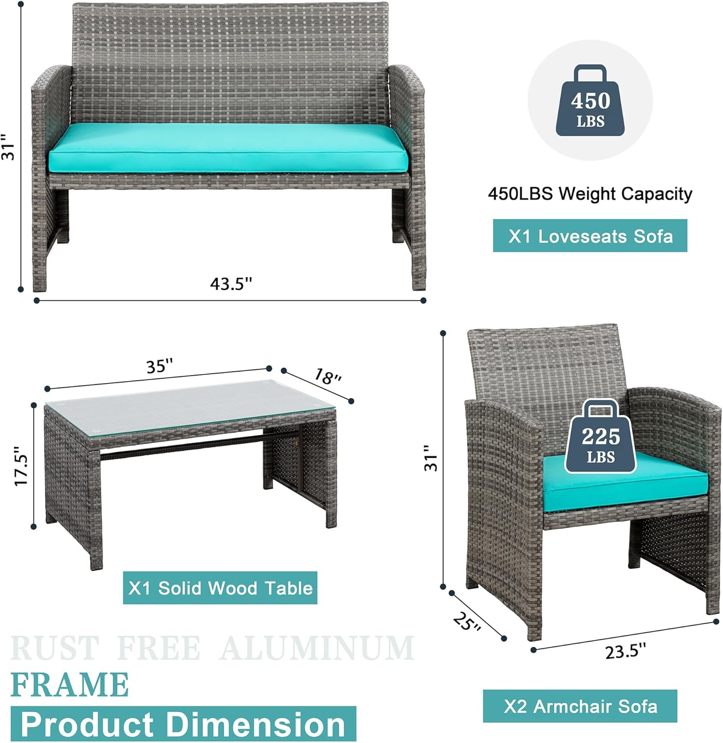 Diagram showing dimensions and weight capacities of the patio furniture set components