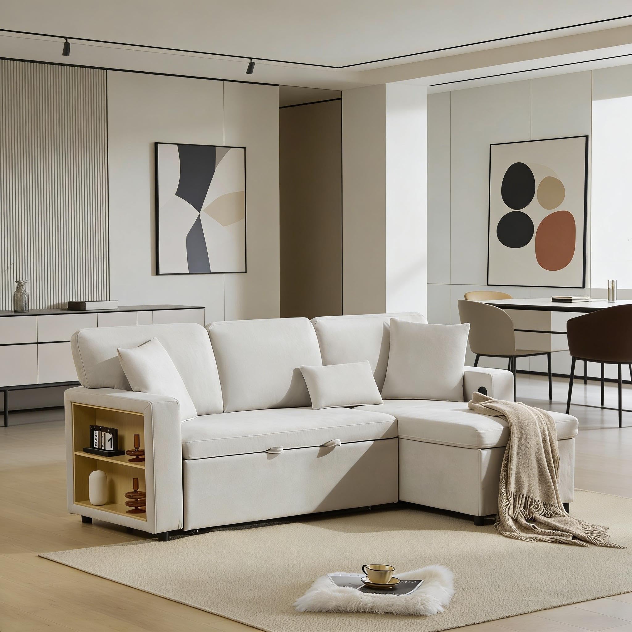 Zepneiy Divano letto estraibile con cassetta, grande divano a 3 posti a forma di L, con USB e ripiano integrato, dire mobili da soggiorno