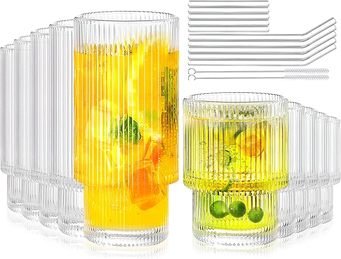 Drinking Glasses Set of 10- 5 Highball Glasses & 5 Small Water Glasses, Ribbed Glassware with Straws and Cleaning Brush, Vintage Glassware Sets for Tea, Iced Coffee, Whiskey, Cocktail, Cute Gifts