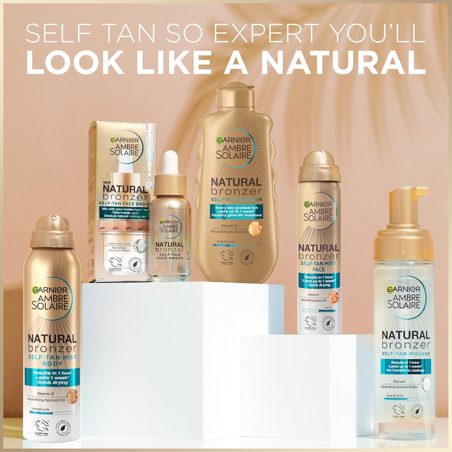 Garnier Ambre Solaire Natural Bronzer Self Tan Mousse 200 ml, Streak Free & Intense Fake Tan In 1 Application, Hydrating Mousse With Coconut Water, For Face & Body, Vegan Formula