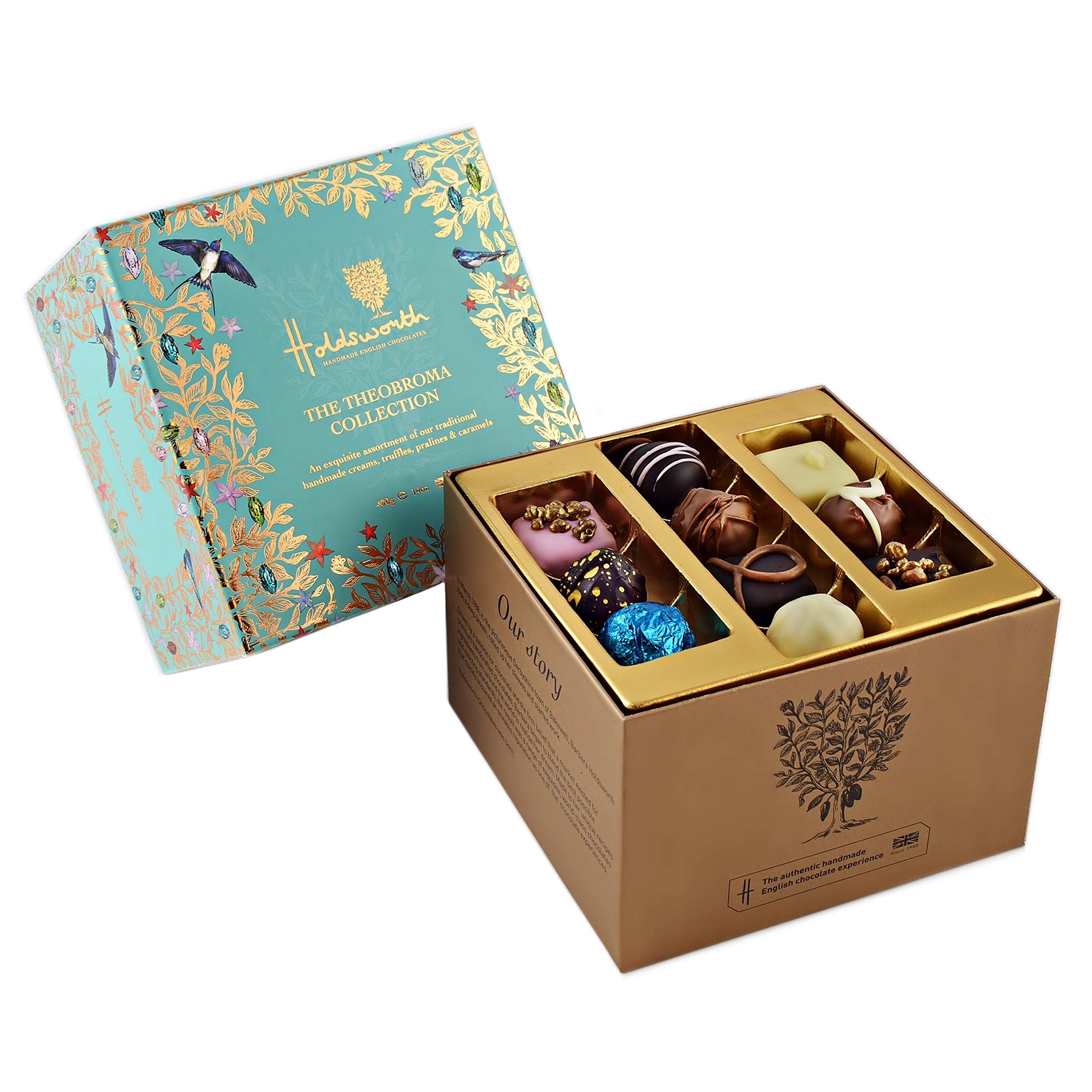 Holdsworth Chocolates Classics - The Theobroma Collection, an Impressive Assortment of Handmade Truffles Creams, Pralines and Caramels all Coasted with Milk, Dark or White Chocolate 400g