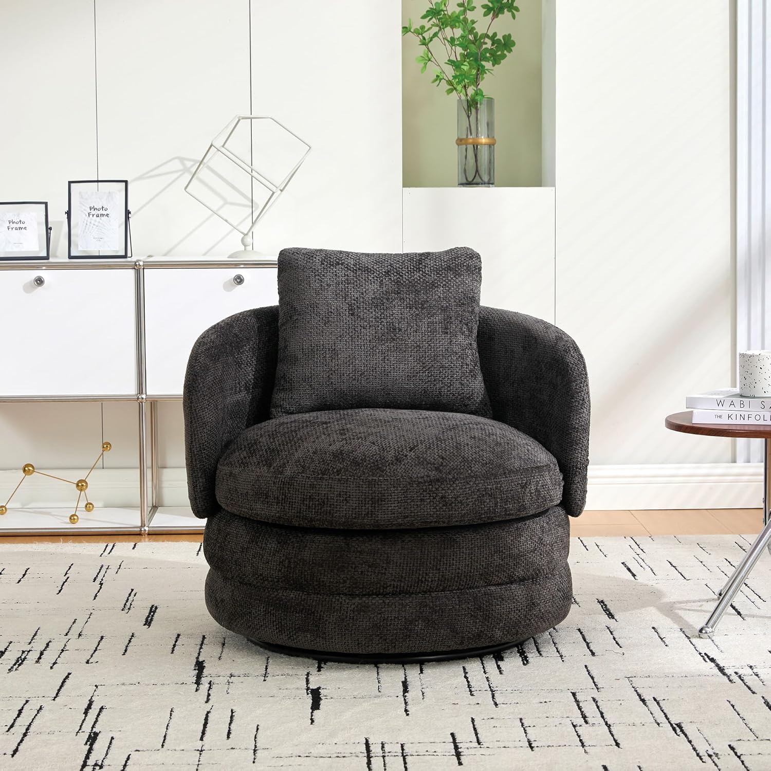 30" W Modern Round Swivel Accent Barrel Chair No Assembly, Comfy Chenille Upholstered Cozy Armchair for Bedroom Living Room Hotel Club Reading Room (Dark Gray, 1-Pack)