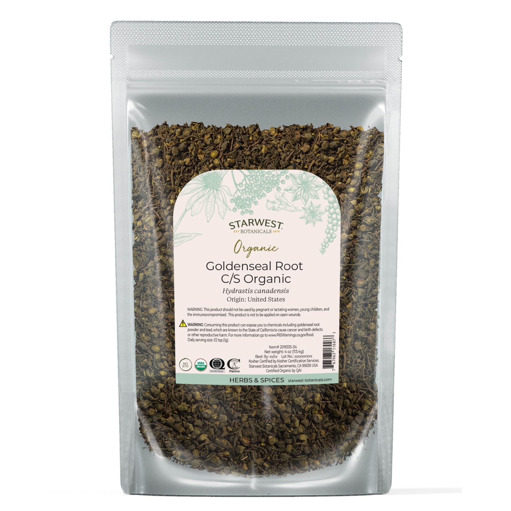 Starwest Botanicals Organic Goldenseal Root - Dried Loose Leaf Herb for Tea, Herbal Blends, & Cooking, Pure & Natural Hydrastis Canadensis, Cut & Sifted, Certified Kosher, Non-GMO - 4 oz Pouch