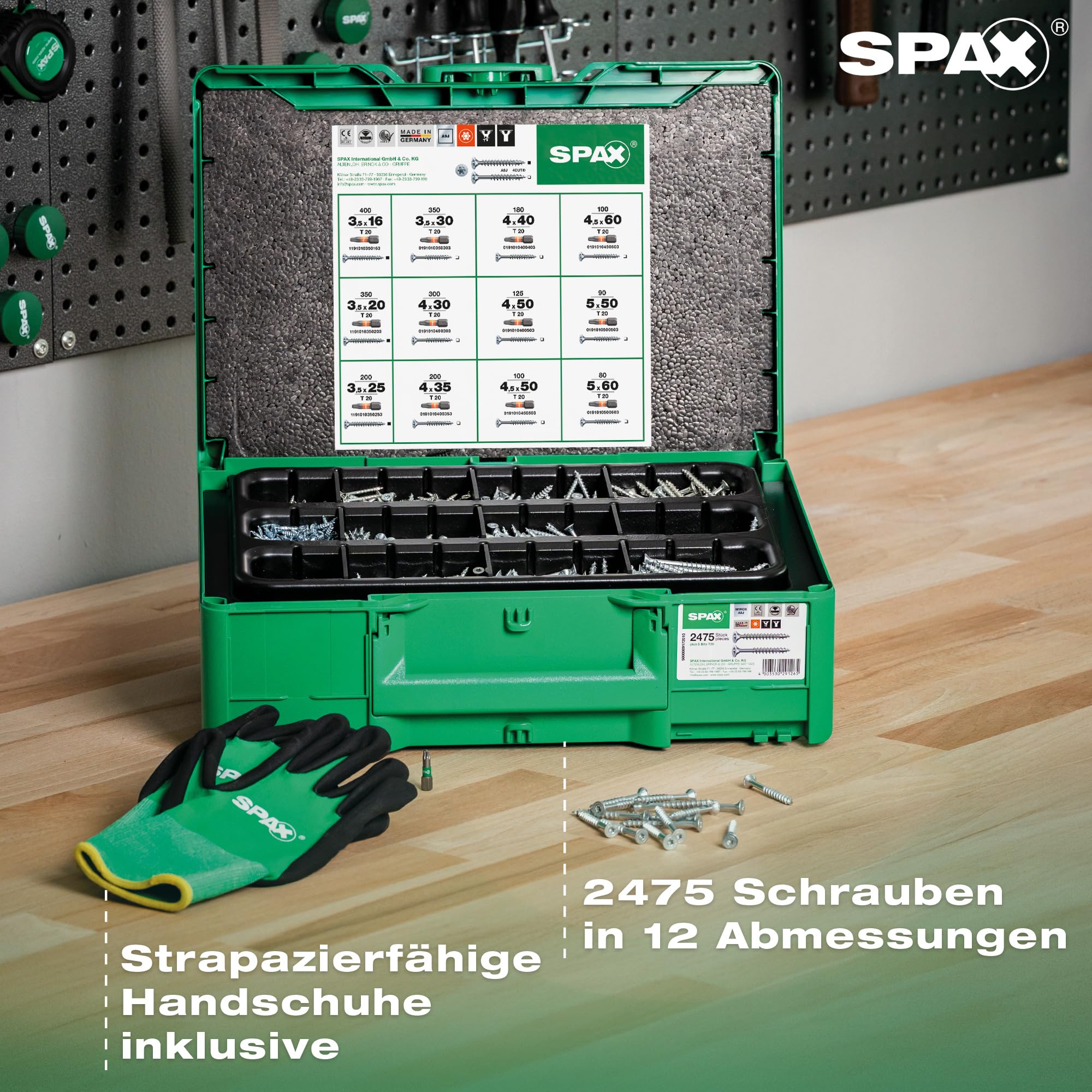 SPAX Montagekoffer Systainer³ T-Loc - Schraubenset mit 2.475 SPAX Schrauben in 12 Abmessungen, inkl. 5 T20 Bits & Arbeitshandschuhe – Profi Schraubenkoffer für Handwerk & Heimwerker – 8000000294624