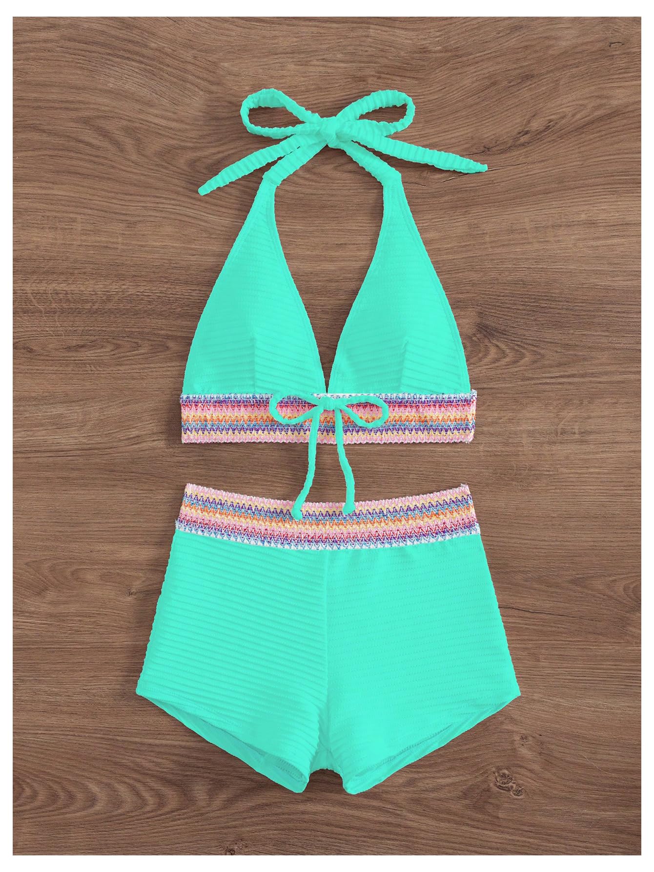 Costume da Bagno da Donna in 2 Pezzi A Righe Geometriche Boho con Allacciatura Allacciata sul Davanti, Costume da Bagno Verde Menta Piccolo