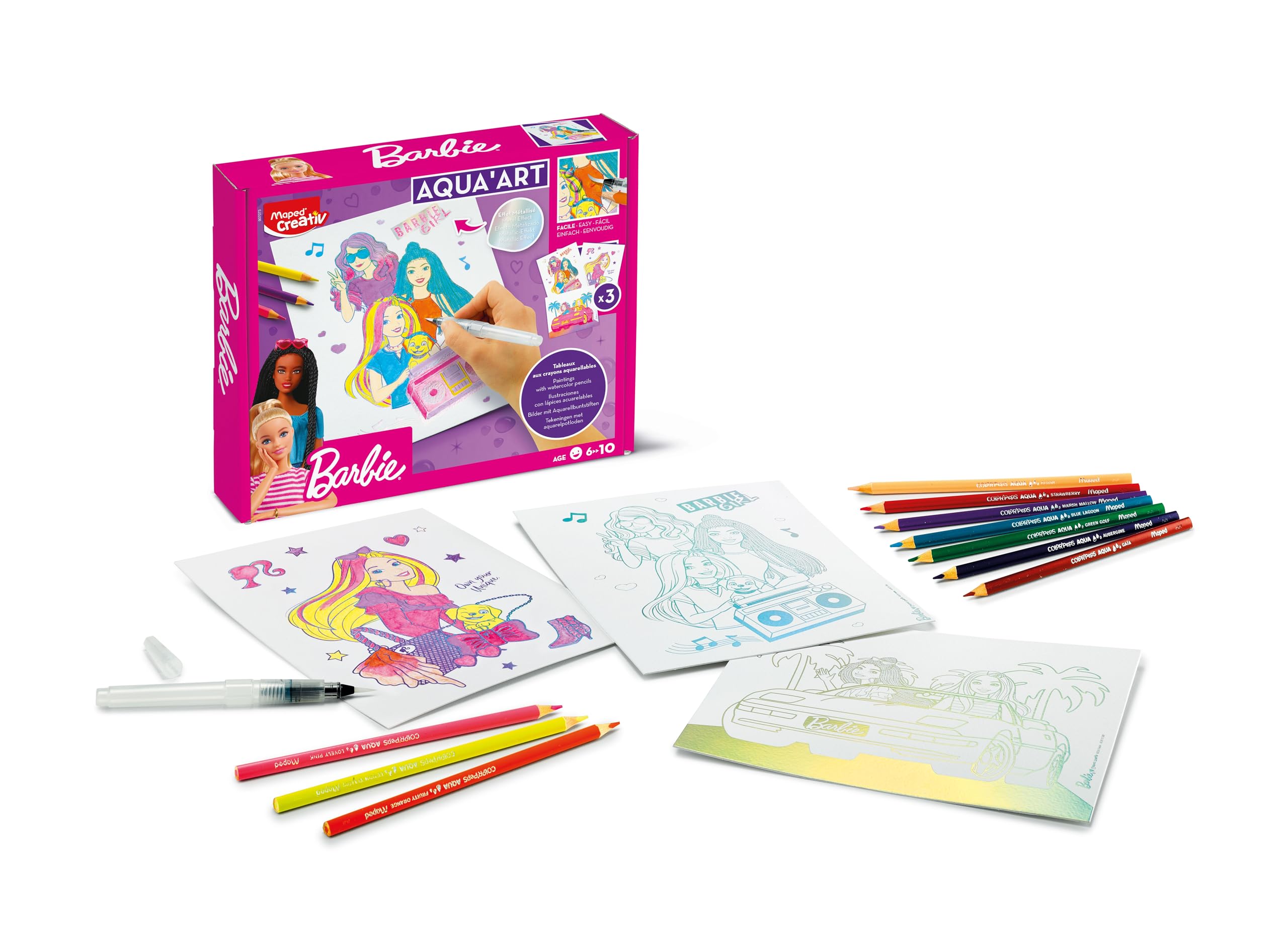 Maped Creativ - Aqua'Art Barbie - Aktywność akwarelowa dla dzieci - Farbowanie ołówkami akwarelowymi + pędzelek do wody na metalicznych wspornikach - 3 plakaty do kolorowania - od 7 lat