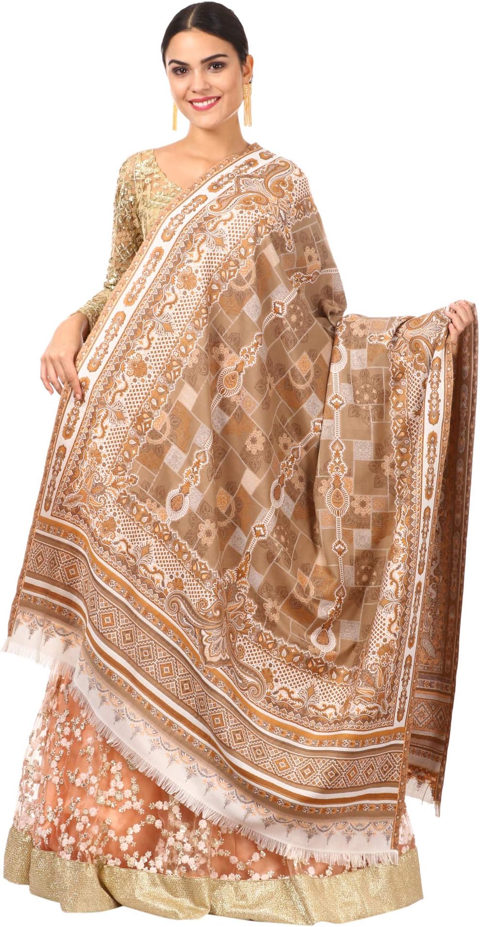 PashtushWomens Kullu Jamawar Shawl, Faux Pashmina, Woven Jacquard Design with Kullu Weaving Design, Soft and Warm Faux Pashmina (Red)