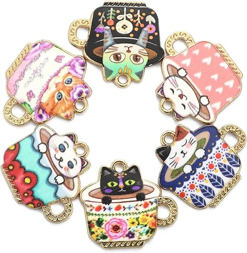 Miniatura 8 de DanLingJewelry 30 dijes de taza de gato esmaltados de 6 estilos, lindos dijes de taza de té para hacer collares y joyas