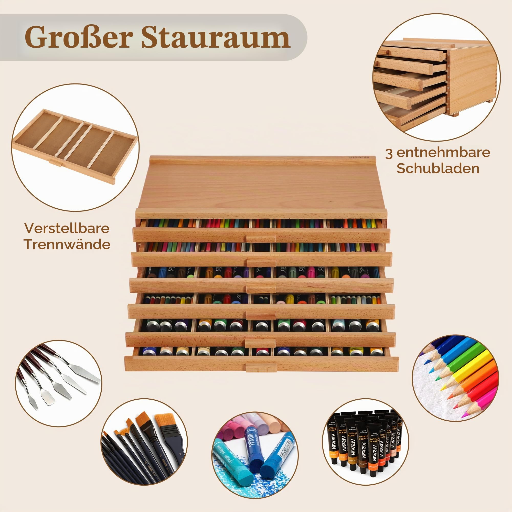 VISWIN 6-Schublade Holz Künstler Aufbewahrungsbox mit abnehmbaren Trennwänden, Buche, tragbarer Organizer für Farben, Stifte, Pinsel