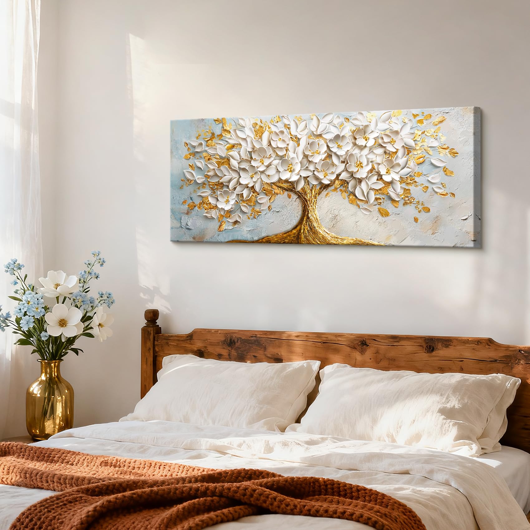 Stampa su tela Con Cornice Albero della Vita Bianco in Fiore Pittura Albero Dorato Lussuoso Quadri su tela Quadri Moderni Quadretti da Parete Stampa da Parete Soggiorno Camera da Letto 50x120cm