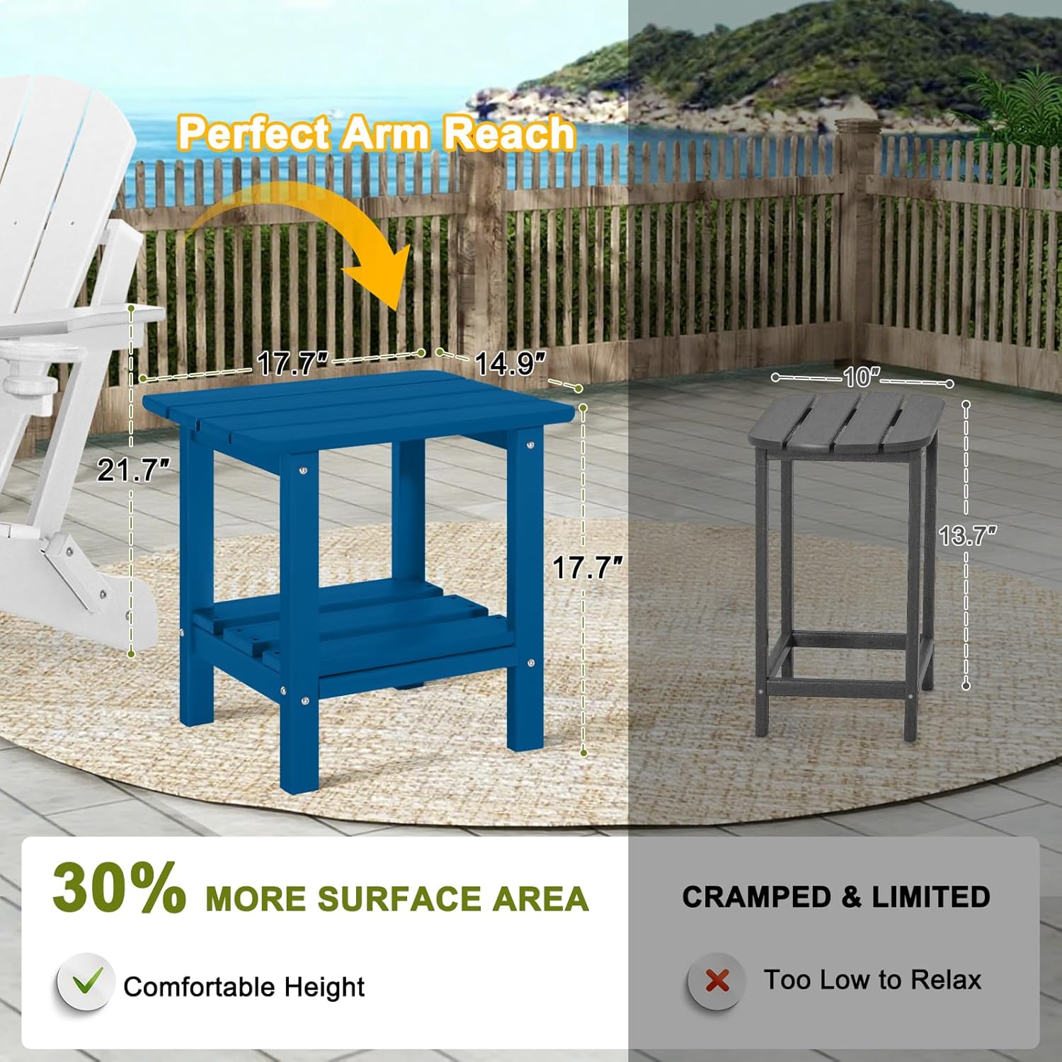 Adirondack Outdoor Side Table, 2-Tier Small Patio End Table, Weather Resistant HDPE Outdoor End Tables for Garden, Lawn, Pool, Beach, Porch, Deck, Backyard - Square, Dark Blue