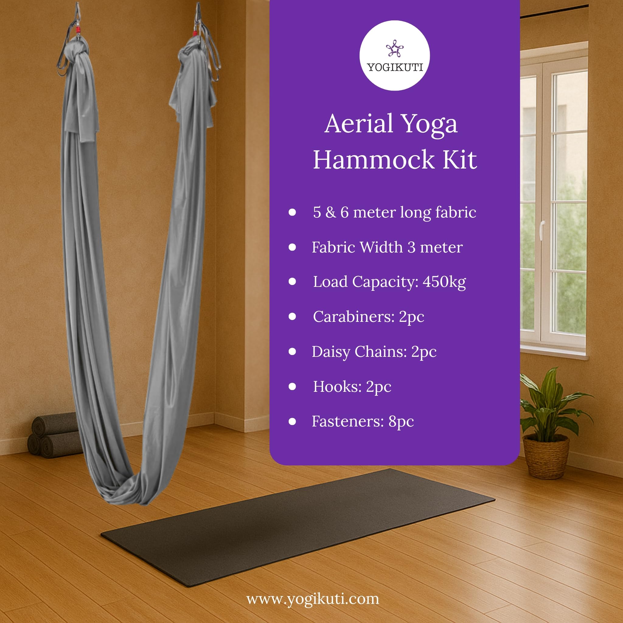 Yogikuti Aerial Yoga – Amaca per yoga volante, per rilassarsi, stretching, riduzione dello stress e mal di schiena (argento)