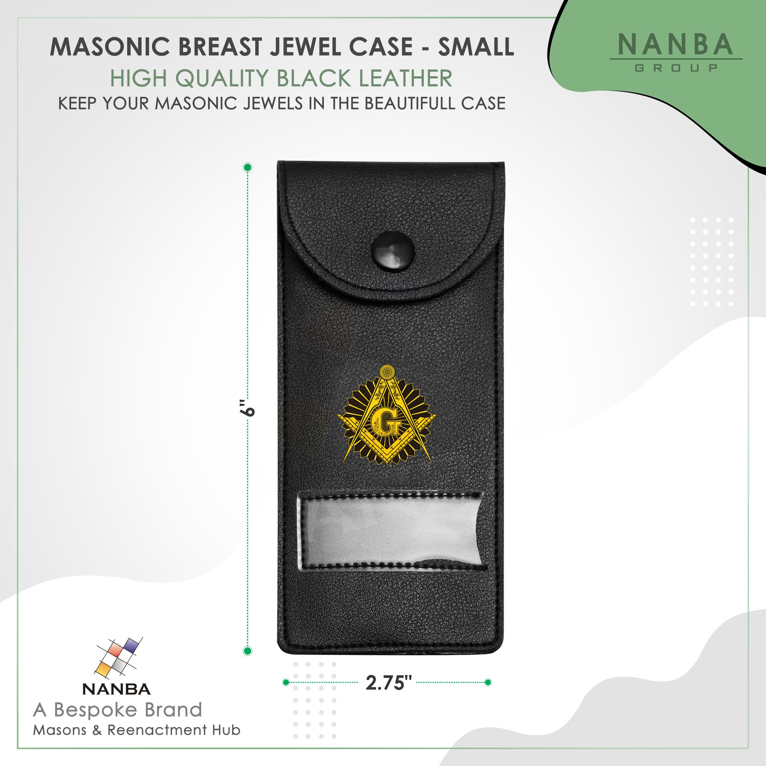Masonic Regalia Pocket Jewel Holder Case Leather Carry Wallet with Soft Lining for Freemason Lodge Jewels, Pins & Badges - Square Compass G Gold & Black - Printed