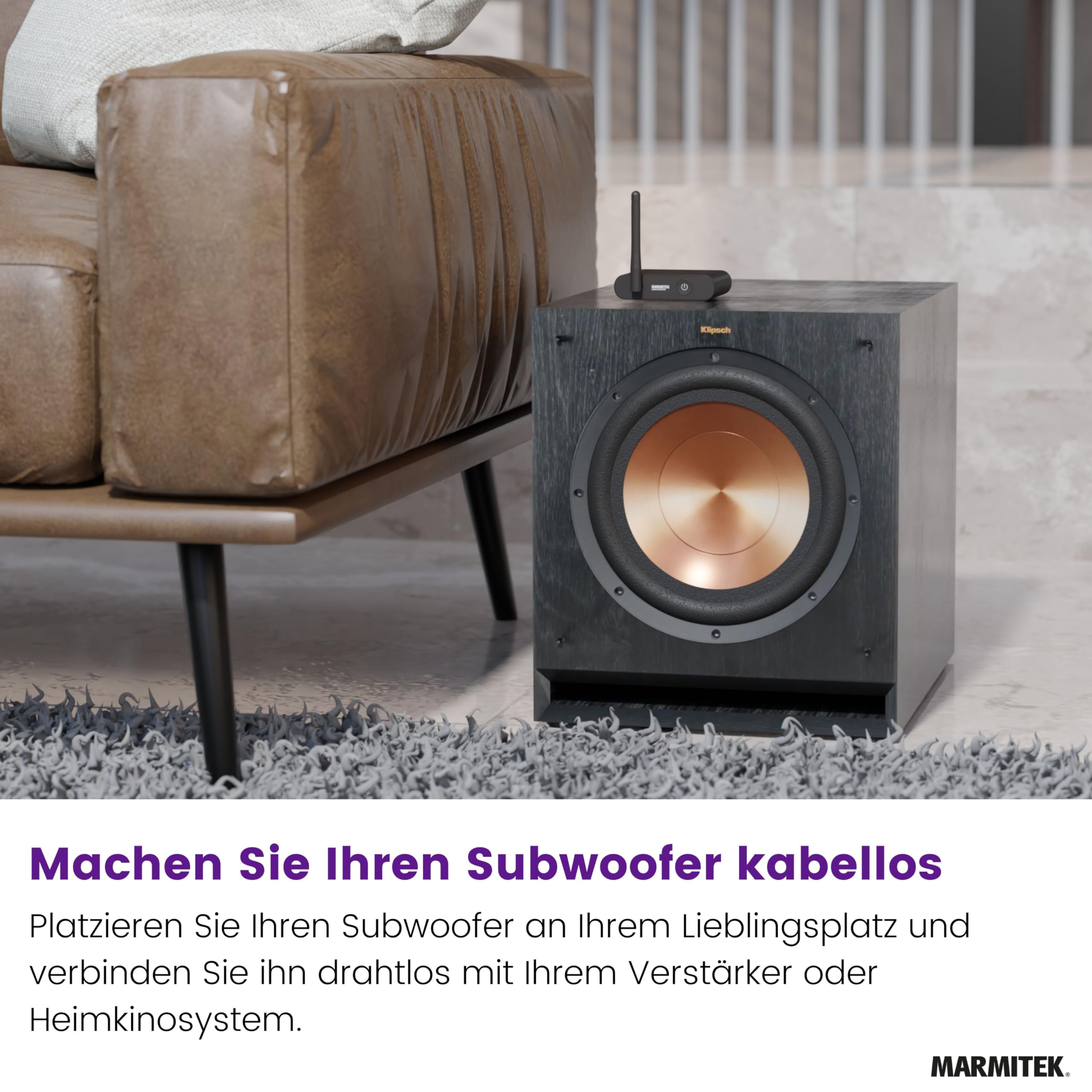 Marmitek Subwoofer Anywhere 640 - Funk Subwoofer Set für kabellosen Bass | Subwoofer kabellos per LFE oder Line mit störungsfreier Digitaltechnik, vergoldeten RCA und Auto-Standby