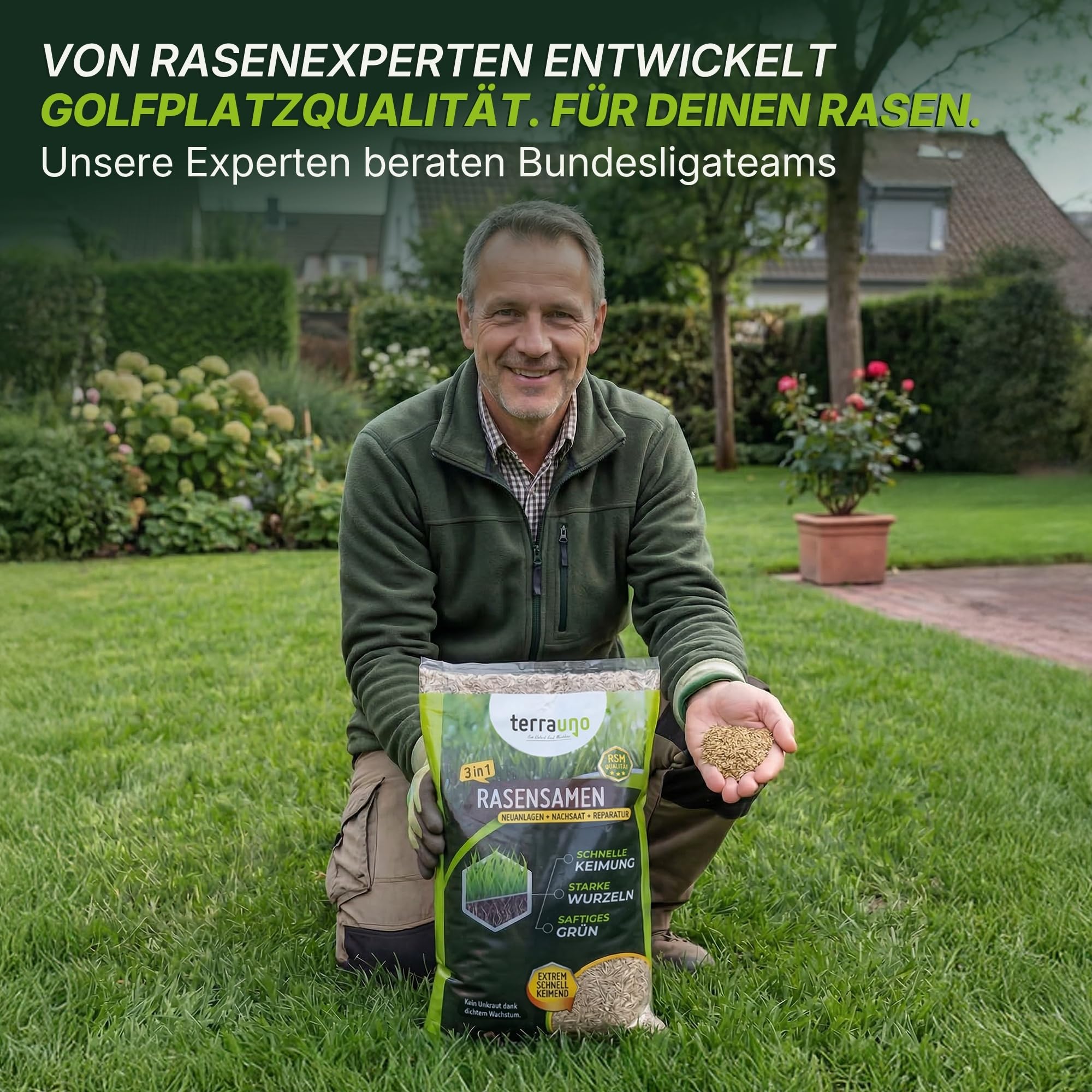 Terrauno - Rasensamen schnellkeimend I Nachsaat Rasen I Extrem hohe Keimrate I 1 kg für 50 m² I Rasensamen trockenresistent zur schnellen Lückenschließung I Rasennachsaat RSM Qualität