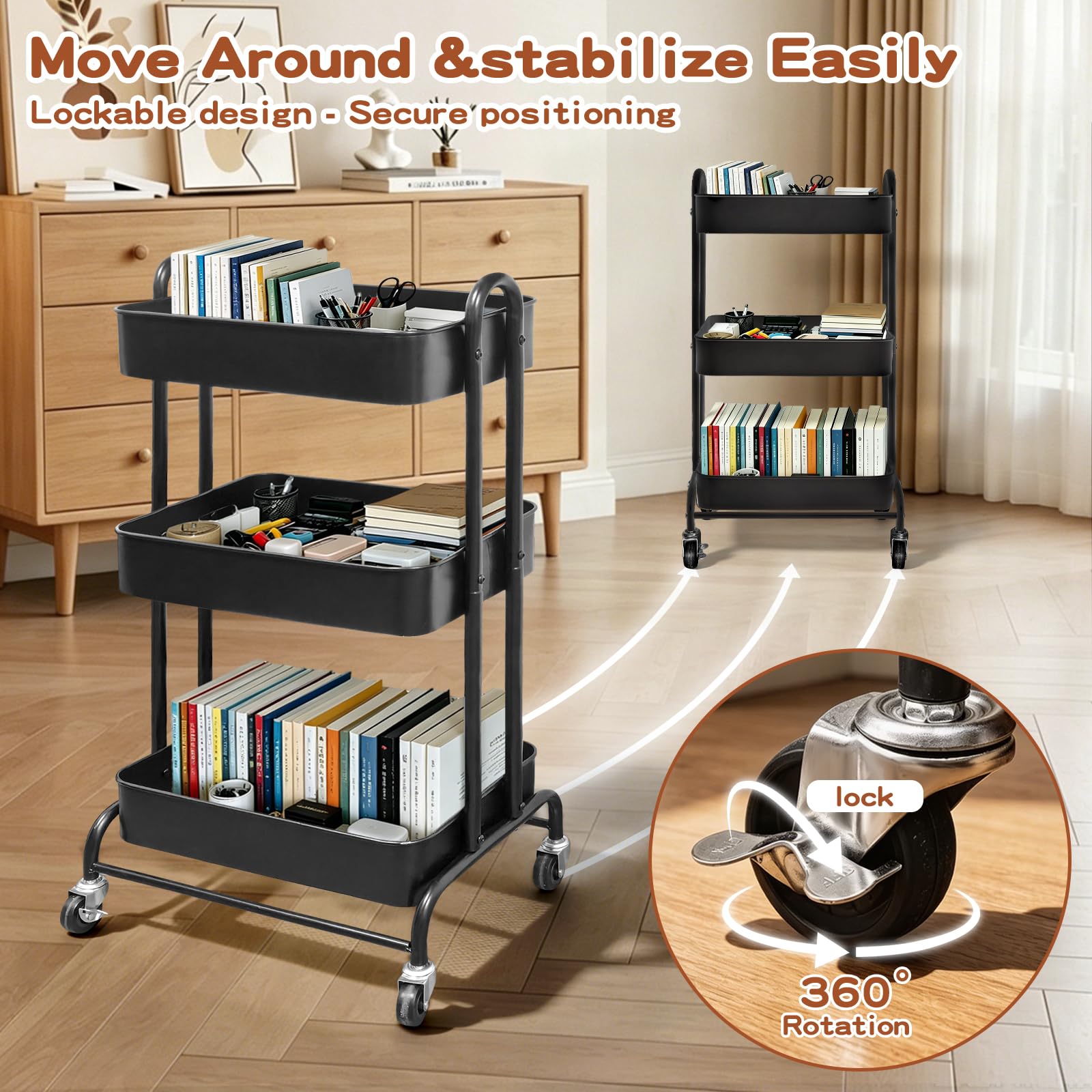 Boczif Desserte à roulettes, Matériaux Métalliques Desserte Cuisine (Noir) | avec 1 Tasse Suspendue, 1 étagère Amovible, 10 Papiers étiquettes et 5 Pochettes étiquettes, pour Salle de Bain, Cuisine