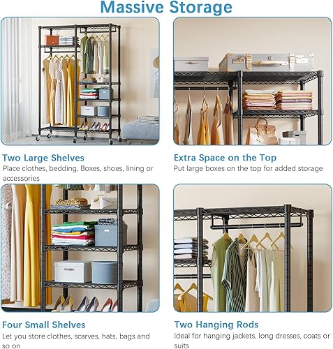 Miniatura 6 de VIPEK V14C - Perchero de ropa rodante de 6 niveles, resistente alambre ajustable, armarios portátiles con ruedas bloqueables, armario, estante de