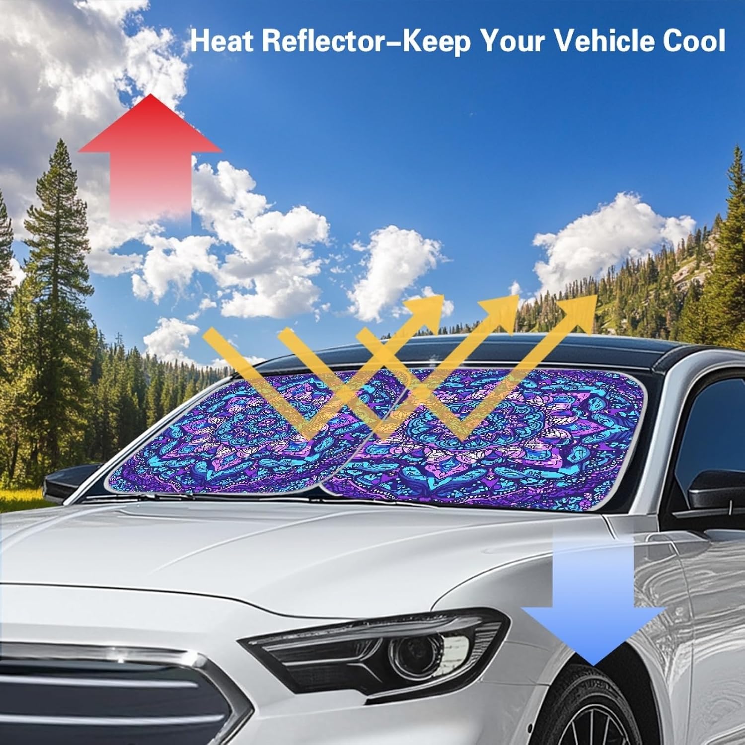 Mandala Purple Windshield Sun Shade for Auto, Purple Car Sunshade Sun Visor Front Windshield Cover, Great for Outdoor Travelling, Easy to Use