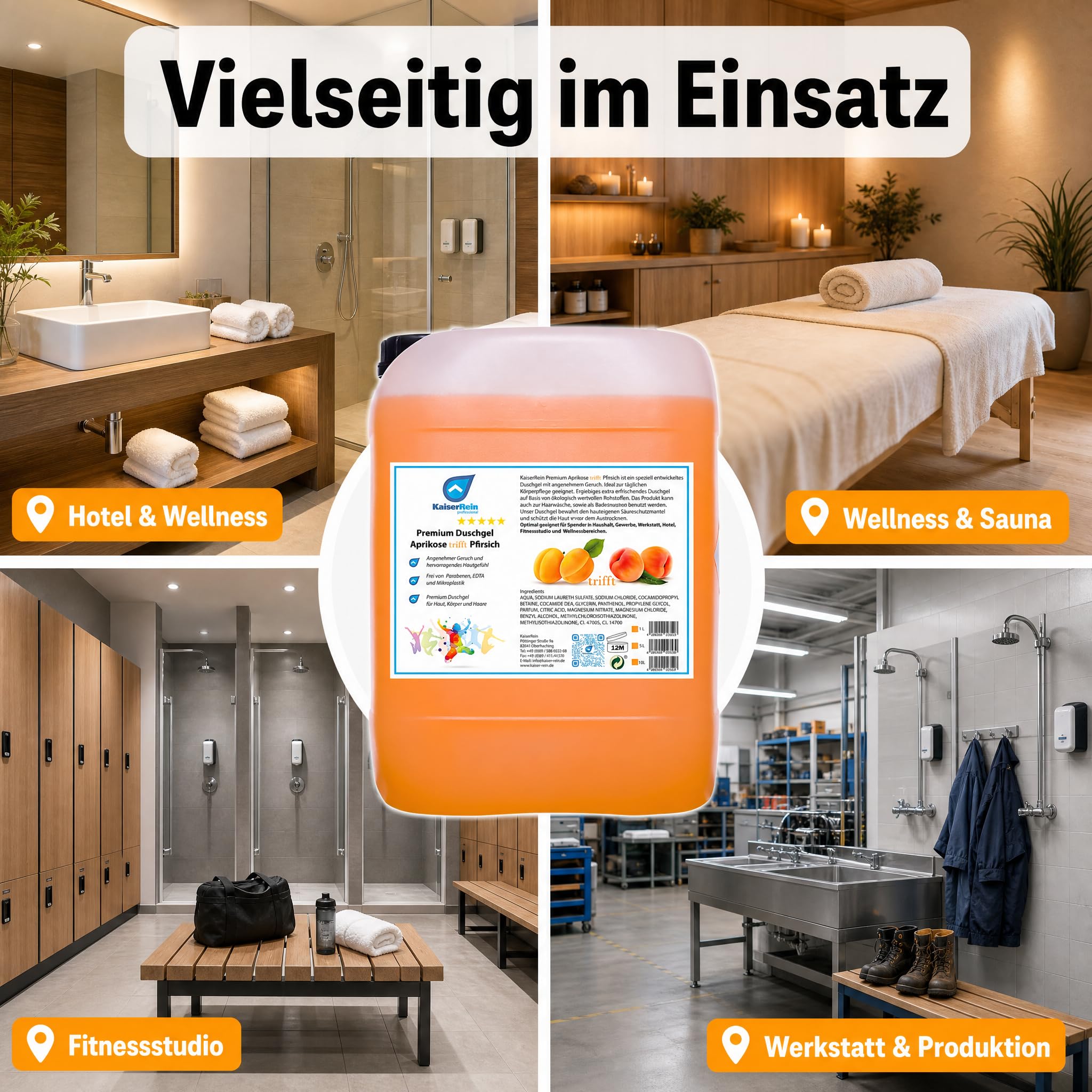 KaiserRein Duschgel Aprikose-Pfirsich, 10 L Nachfüllkanister, 3-in-1 Duschgel Shampoo Badezusatz, für Spender, fruchtiger Duft, mikroplastikfrei, ohne Parabene & EDTA