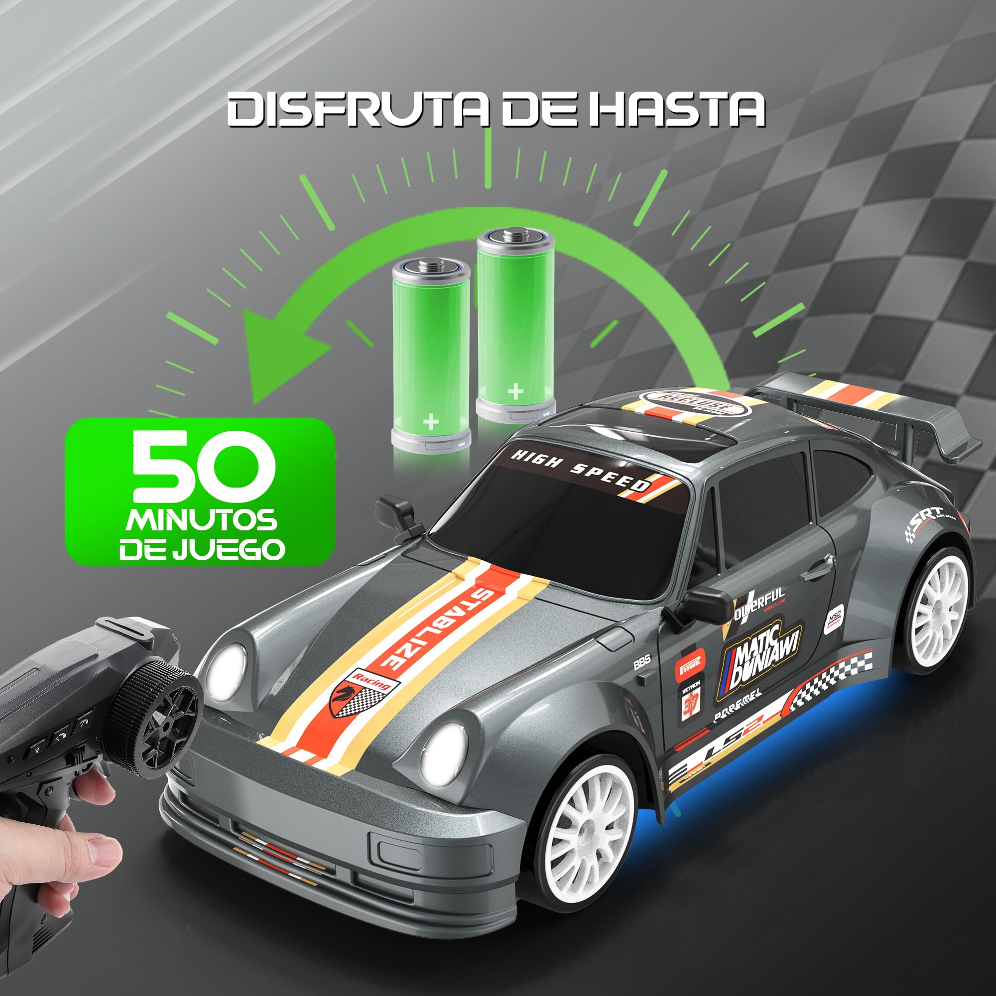 HappyGoLucky Coche RC Drift Car, Coche Teledirigido Drift con Luces LED, 2.4 GHz, 10-15KM/H, 4WD 1:24 Mini Drift Car Juguetes Niños 3-12 Años para Adultos - Regalo Navidad Niño