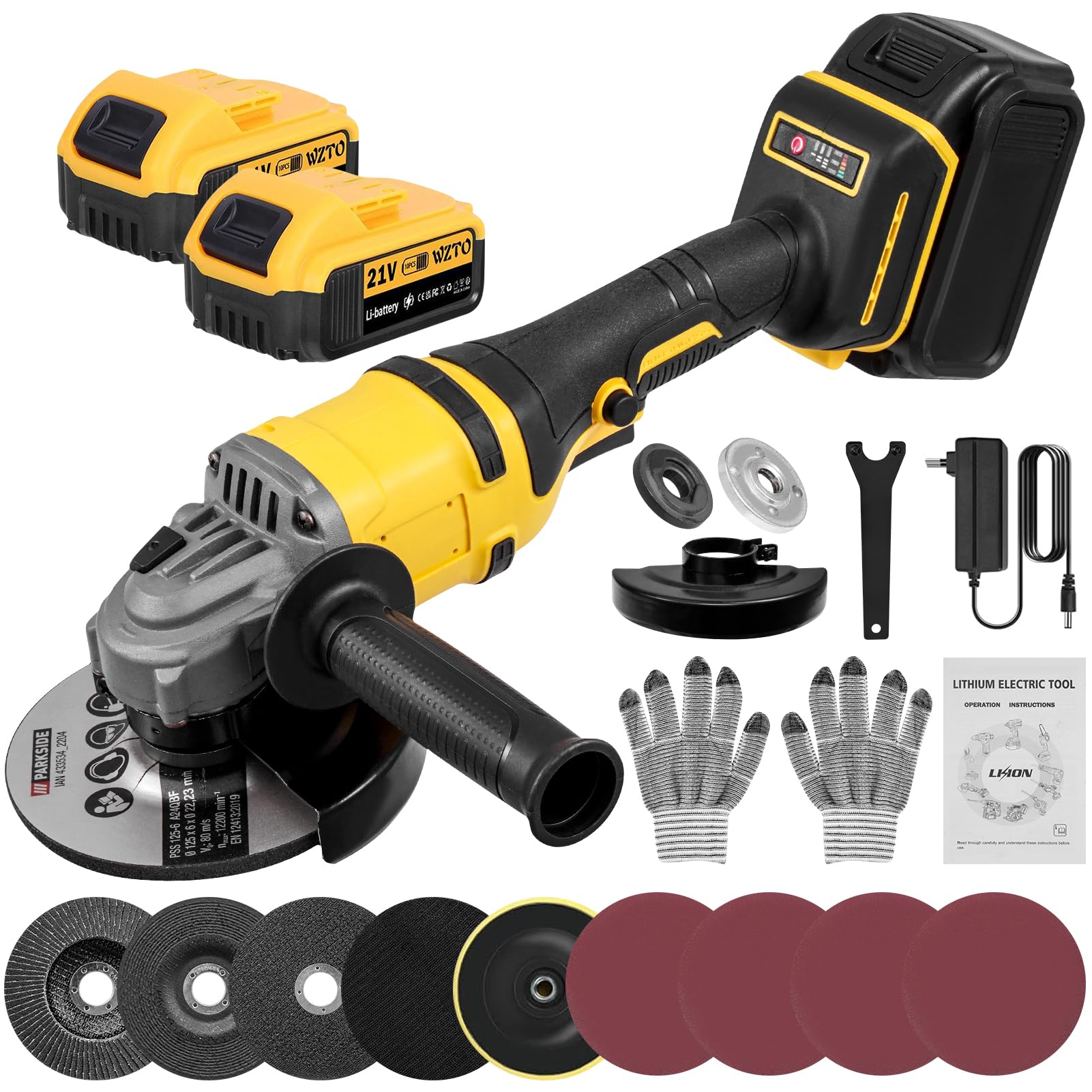 1500W Meuleuse d'angle Sans Fil 21V avec 2X 5000mAh Batterie 30000rpm Moteur Brushless Disqueuse Sans Fil 125 mm Disques de Coupe Polisseuse à 3 Vitesses Pour Découper Polir et Poncer