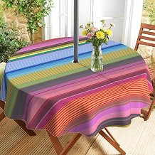 Outdoor Tablecloth with Umbrella Hole and Zipper, Round Patio Table Covers for Spring/Summer, Machine Washable Outdoor Picnic Table Cloth Stripes, 60" Round
