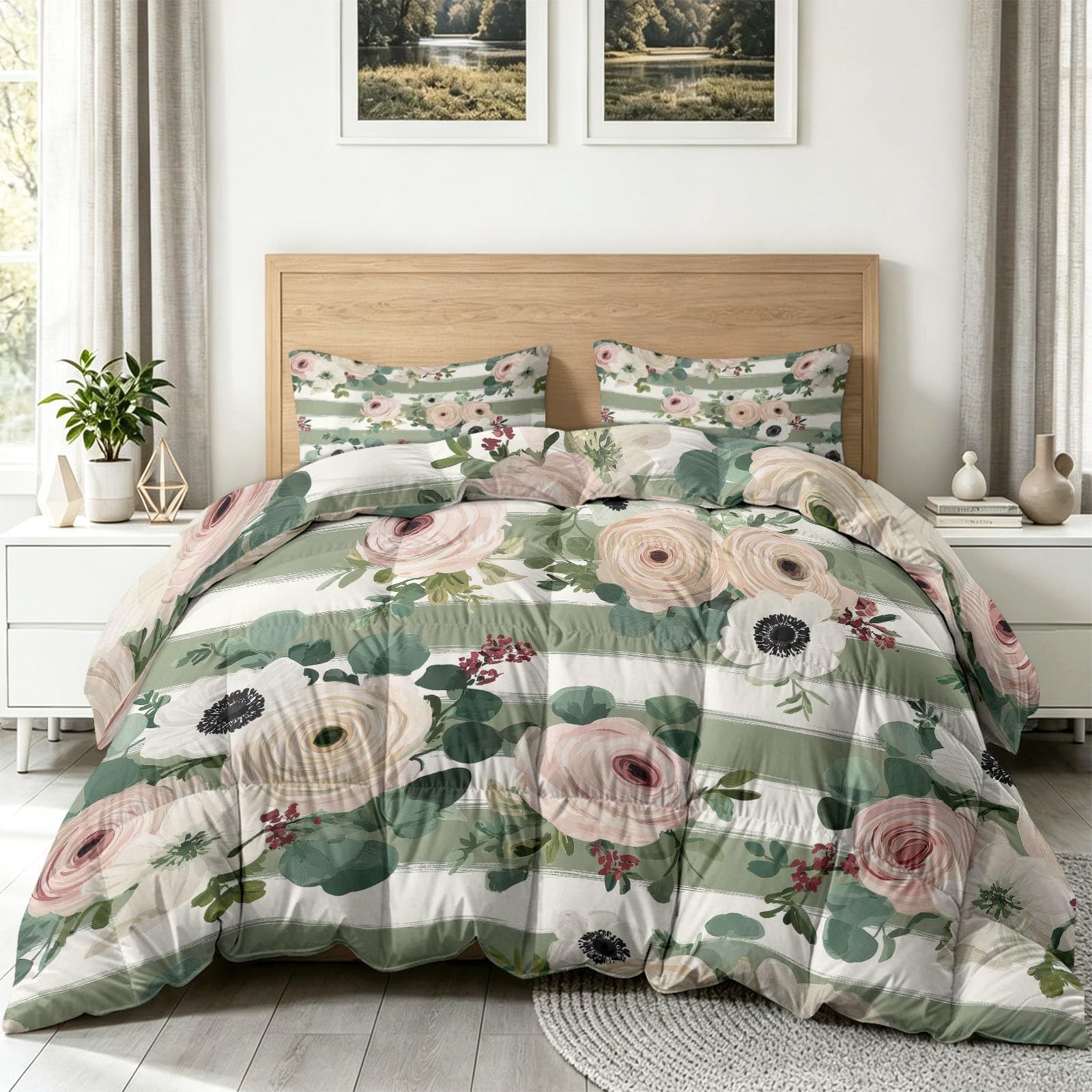 Wende Bettdecke ohne Bezug 135 x 200 cm, Skandinavisch Aquarell 4 Jahreszeiten Steppdecke mit 2 Kissenbezügen, Streifen Blumen Blätter Weiche Atmungsaktive Schlafdecke Ganzjahresdecke - Rosa-Grün