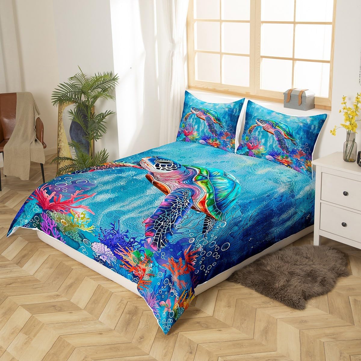jejeloiu Sea Turtle Duvet Cover Toddler Size Kids Ocean Comforter Cover Set for Boys Girls Teens Reptile Tortoise Bedding Set Breathable Coastal Bedspread Cover Nautical Beach Quilt Cover