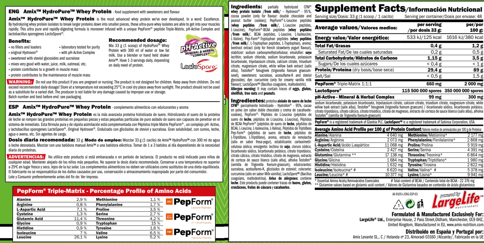 Amix - Hydropure Whey CFM - Suplemento Alimenticio - Mejora del Rendimiento - Contiene Aminoácidos Bcaa - Glutamina en Polvo - Nutrición Deportiva - Sabor a Vainilla - Bote de 1,6 Kg