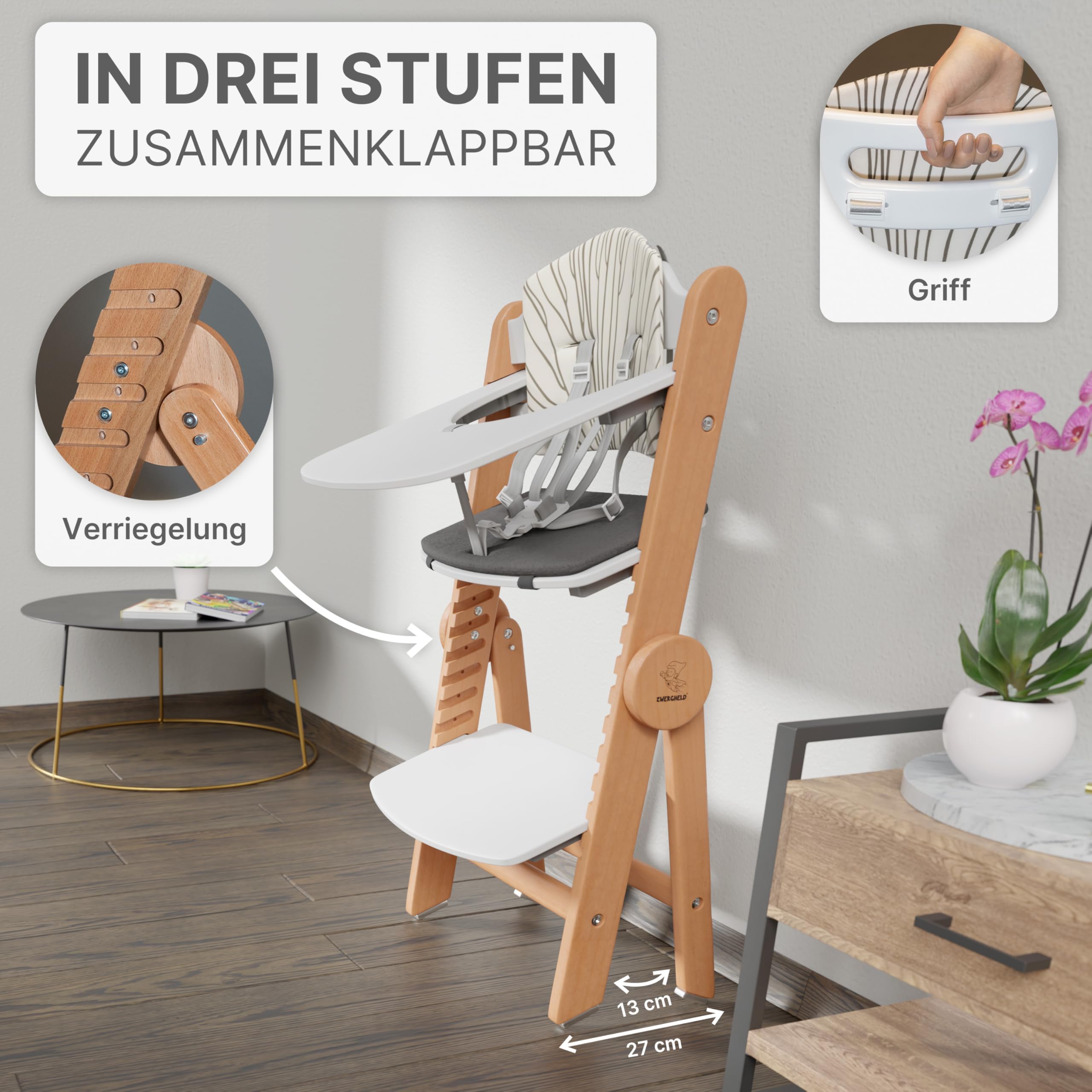 Premium Kinderhochstuhl ZS3 Set - mitwachsend klappbar verstellbar, Hochstuhl Baby ab 6 Monaten bis 90kg belastbar, mit Essbrett - Treppenhochstuhl Kinderstuhl Holz High Chair (natur)
