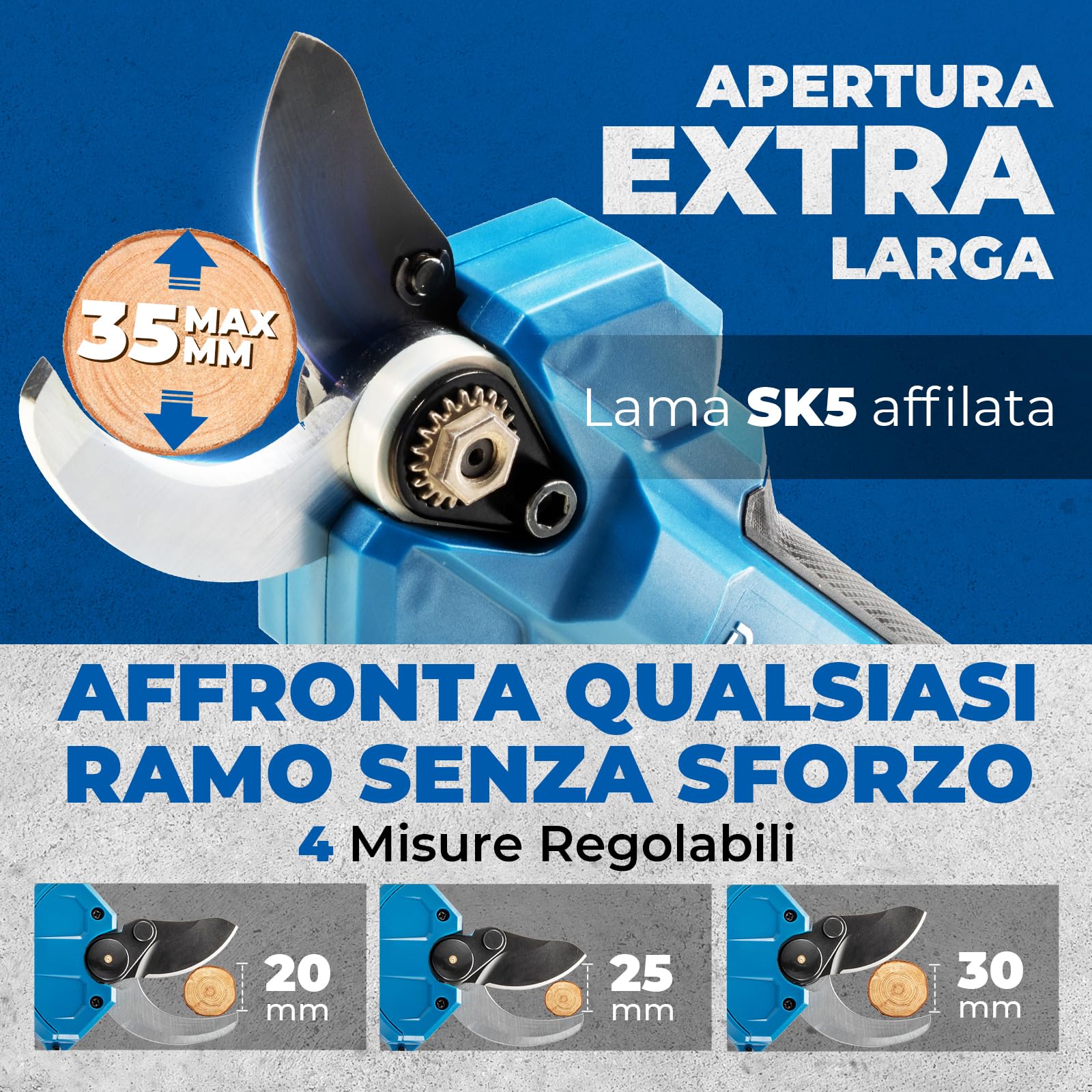 Dong Cheng Troncarami a batteria da 20 V, 4 livelli di taglio fino a 35 mm, motore professionale senza spazzole, 2 batterie da 2,0 Ah, caricatore da 2 A, lama SK5 – per alberi da frutto, giardinaggio