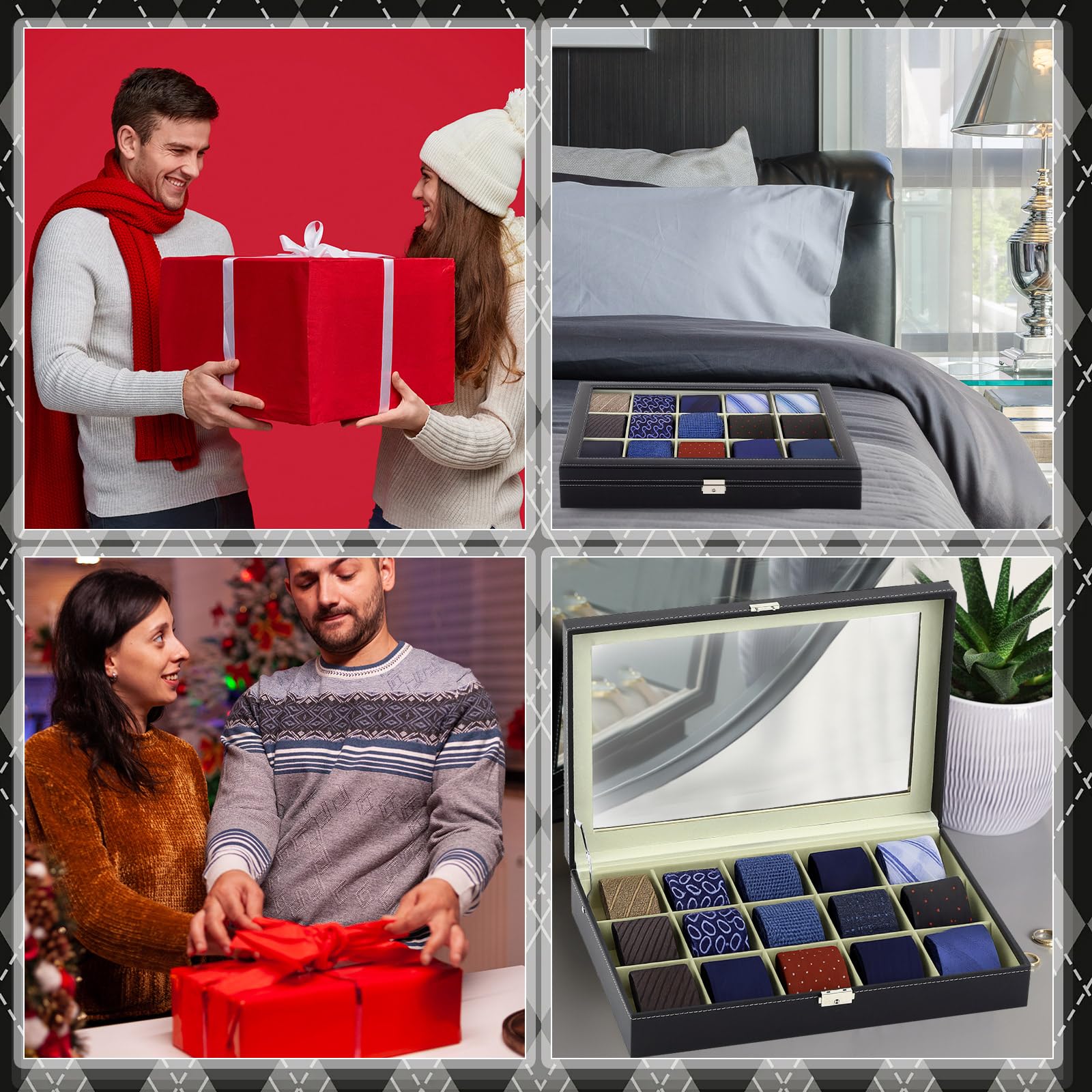 AceOrbit Luxuriöse Krawattenvitrine mit Glasdeckel - 15 Steckplätze Organizer für Herren Krawatten & Accessoires, abschließbare Kommode Aufbewahrungsbox, elegantes Geschenk zum Vatertag