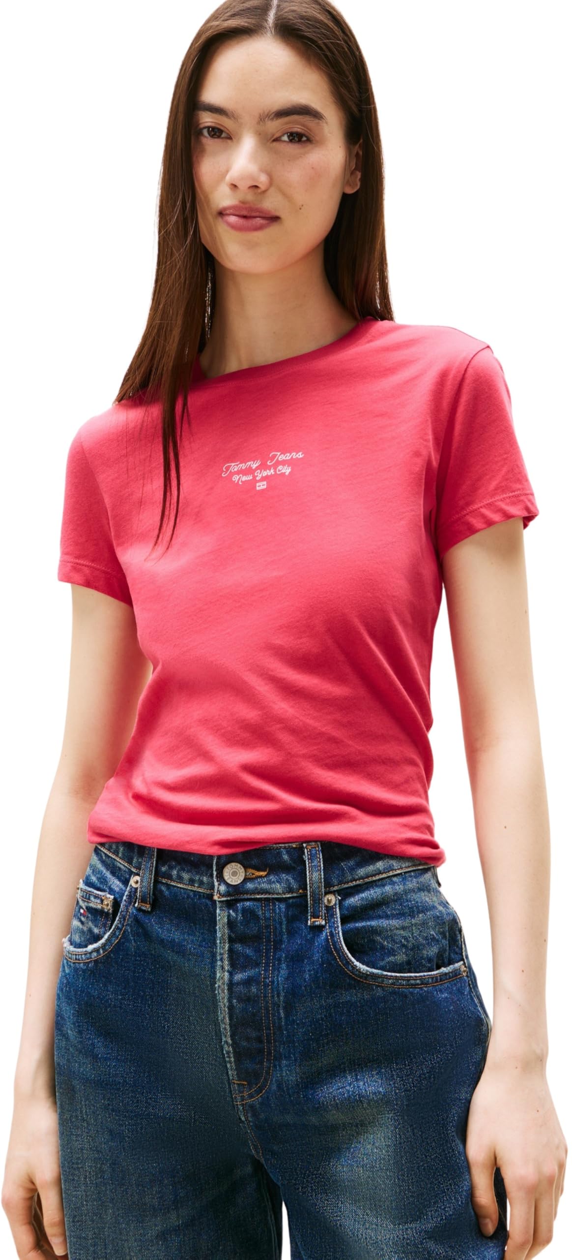 Tommy Jeans Womens Tjw Slim Ess Logo 1 Tee Ext Dw0dw21542 S/S T-Shirt, Red (Vintage Cerise), 3XL UK