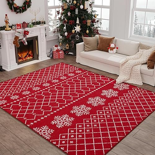 jinchan Christmas Area Rug 6x9 Red Rug Xmas Snowflake Modern Rug Kitchen Rug Washable Rug Non Slip Moroccan Carpet Holiday Decor Geometric Soft Accent Rug for Bathroom Bedroom Dining Room Living Room