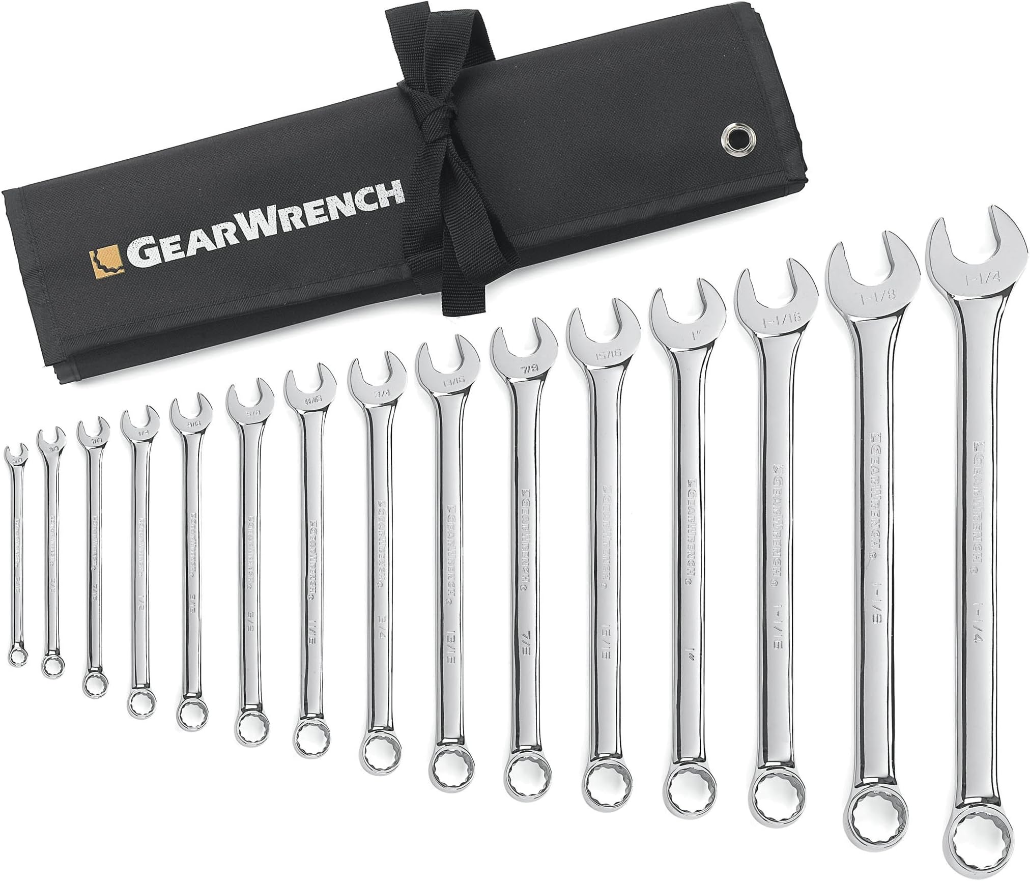15 Pc. 12 Pt. Long Pattern Combination Wrench Set with Tool Roll, SAE - 81918