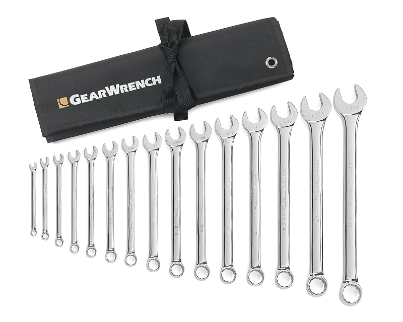 Jogo de Chaves Combinadas GEARWRENCH SAE em Aço-Liga, Perfil Longo, 12 Pontos com Rolo de Ferramentas, 15 Peças 81918