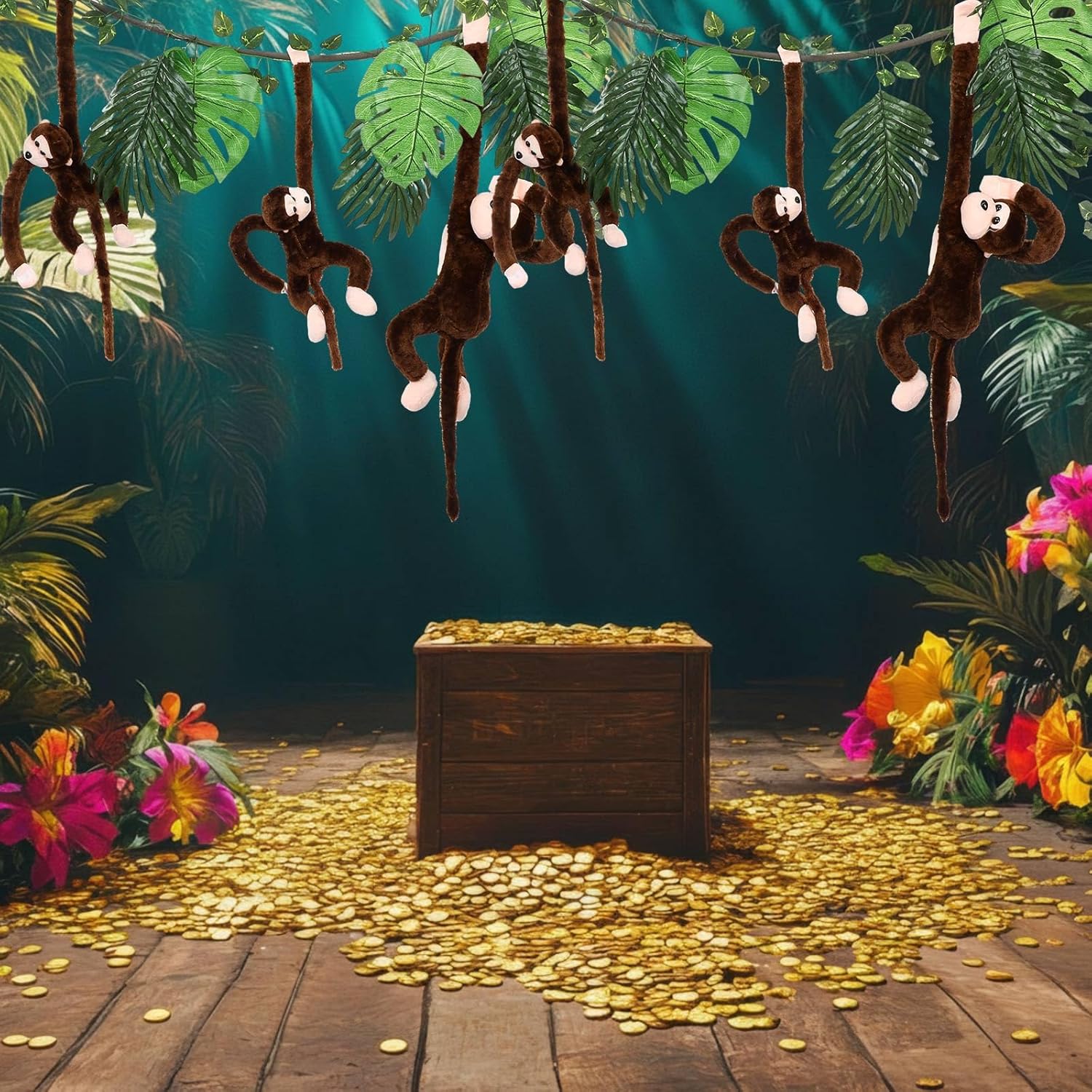 14 Pcs Jungle Party Decoration 6 Hanging Monkey Stuffed Jungle Animal Toy 1 10 ft Artificial Rattan 6 Tropical Palm Leaves 1 Fake Vine Tropical Rainforest Decor for Classroom Birthday Party