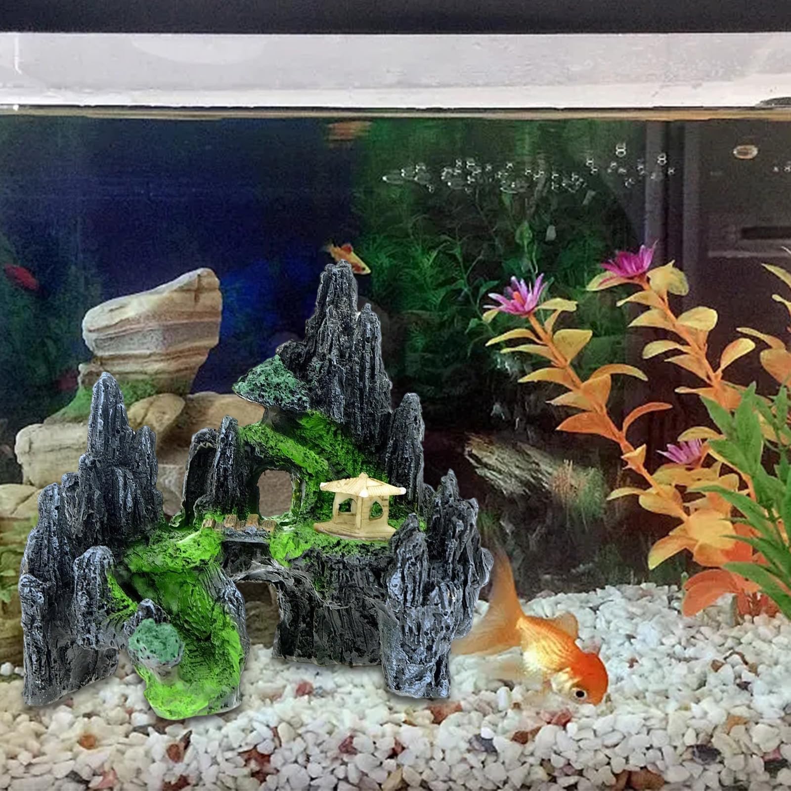 Uotyle Mountain View Aquarium Ornament Tree House Cave Bridge Fish Tank Decoration, Dark Grey, 14.5 x 10 x 12.5cm - Image 2
