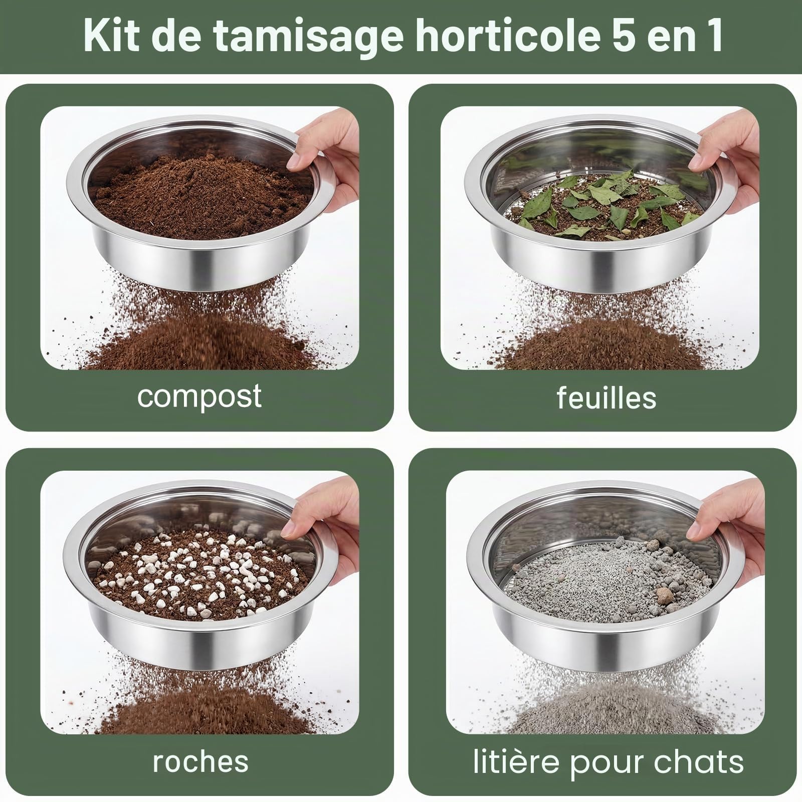 5 en 1 Tamis Jardinage Tamis Sable en Acier Inoxydable Ø 1, 3, 6, 9, 12 mm Tamis de Terre avec 1 Pelle à Main pour Terre, Pierres, Compost, Mauvaises Herbes, Sable, Gravier, Graines