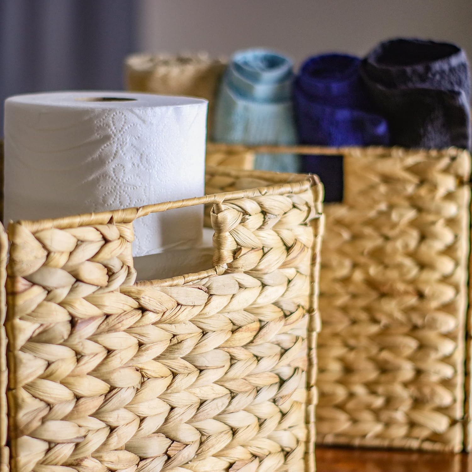 Large Foldable Rectangle Woven Wicker Basket Bins for Storage by Trademark Innovations (Set of 2)
