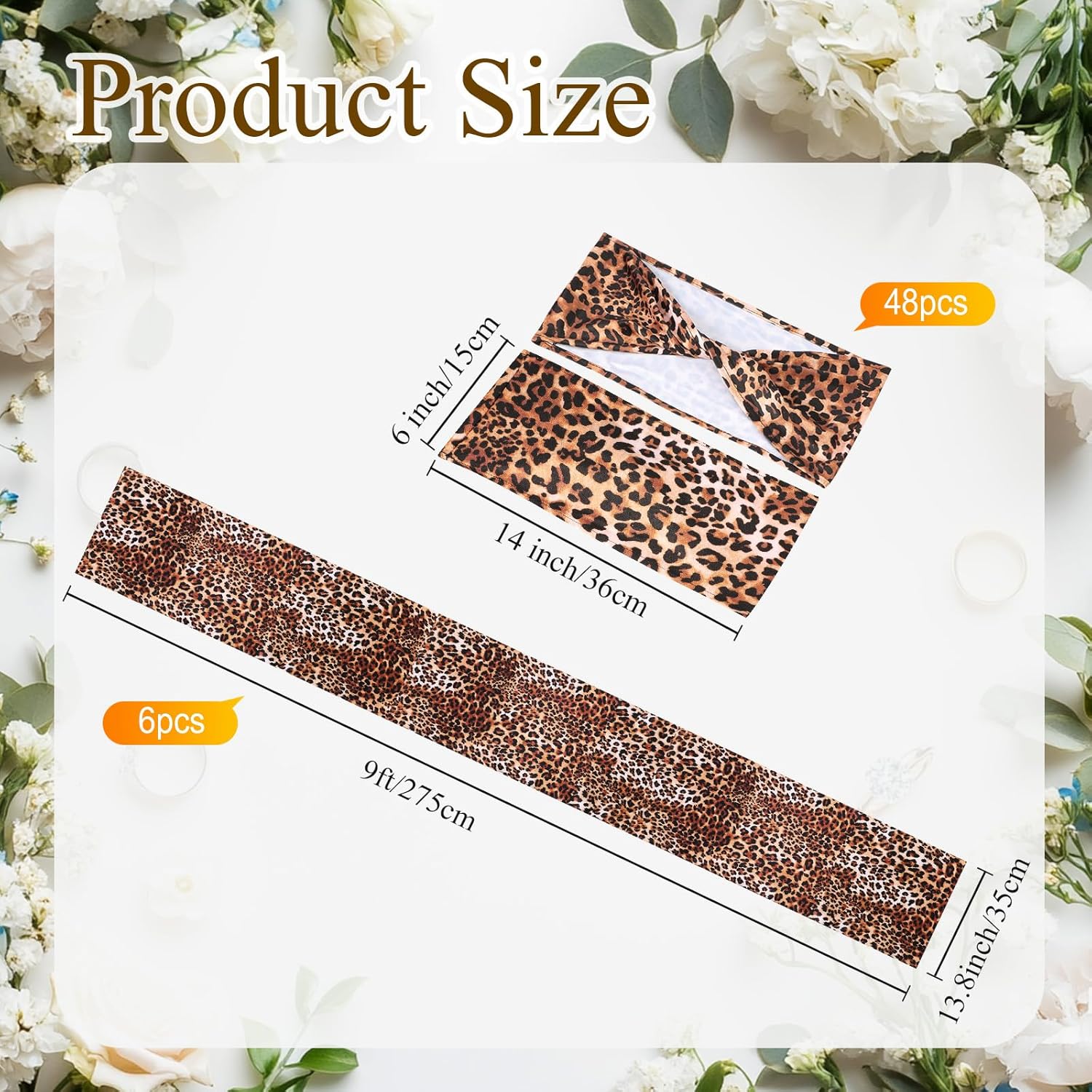 Newwiee 48 Stretch Chair Cover Sashes with 6 Table Runner Set 6 x 14 Inch Elastic Chair Band Ties 14 x 108 Inch Table Runner for Family Gathering Banquet Decoration(Brown,Leopard Print)