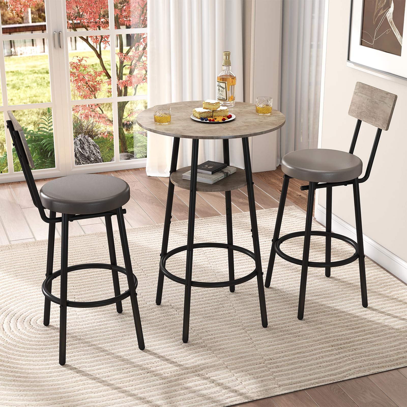 Photo 1 of ***MISSING PARTS*** Zevemomo 3 Pieces Round Bar Table and Chairs Set, Small Dining Table for 2, Kitchen Bar Table, Breakfast Table with Storage, 2 Thickened Cushion Stools with Backrest for Dining Room & Bistro-Grey