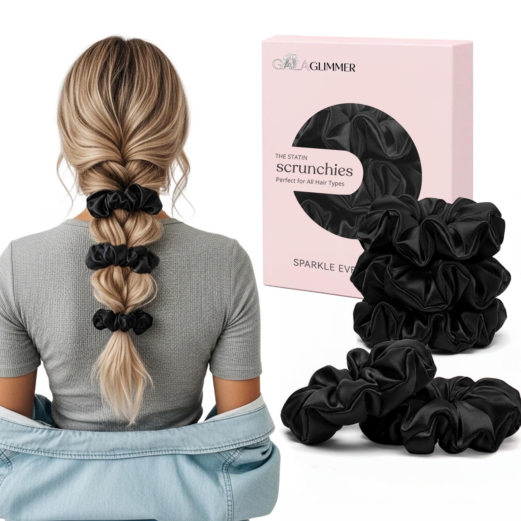 Satin Scrunchies for Women No Damage No Crease 5PCS Black